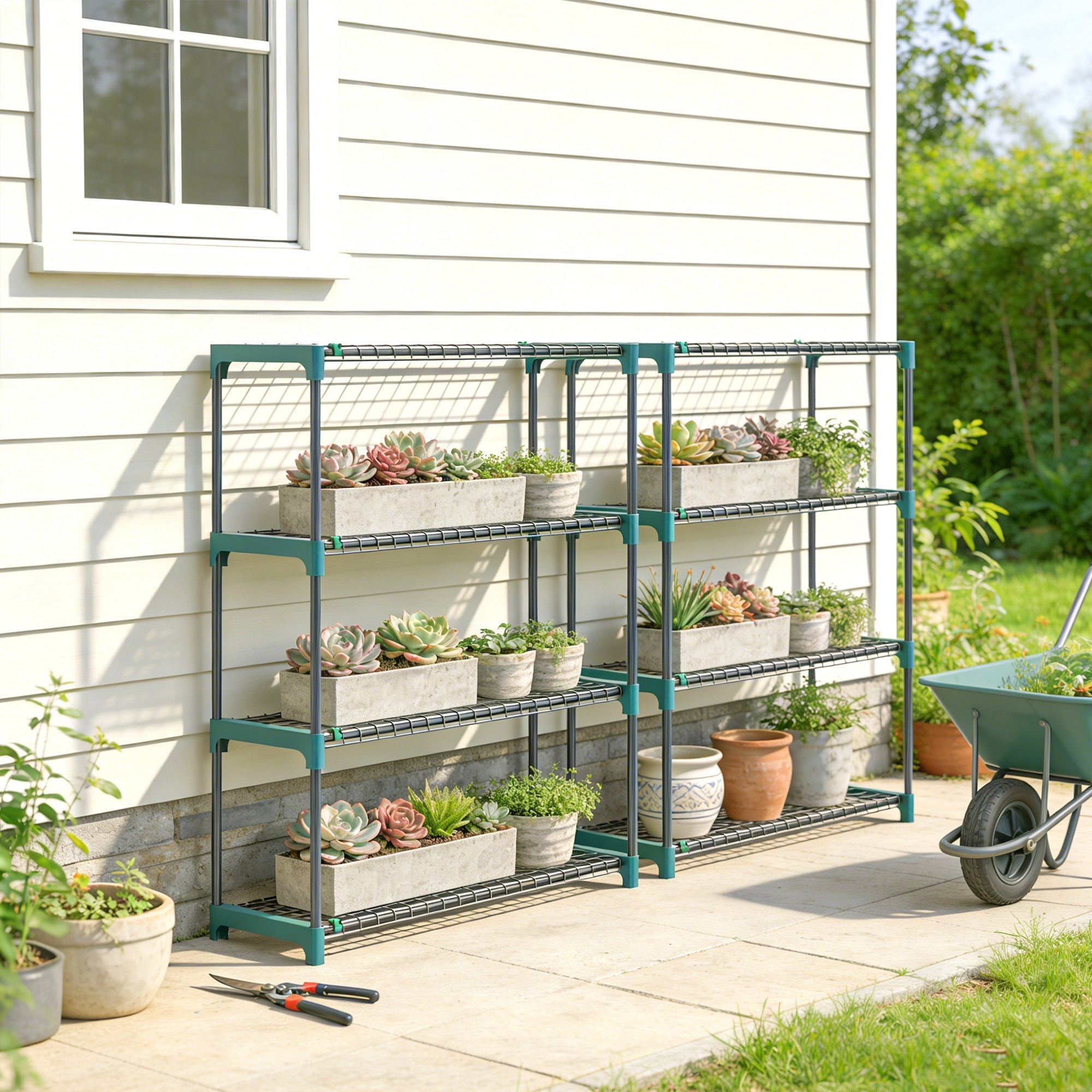 Outsunny 4-Tier Plant Stand Indoor Outdoor, Set of 2 Metal Plant Shelf with Rack Buckles for Easy Assembly, Flower Display Rack