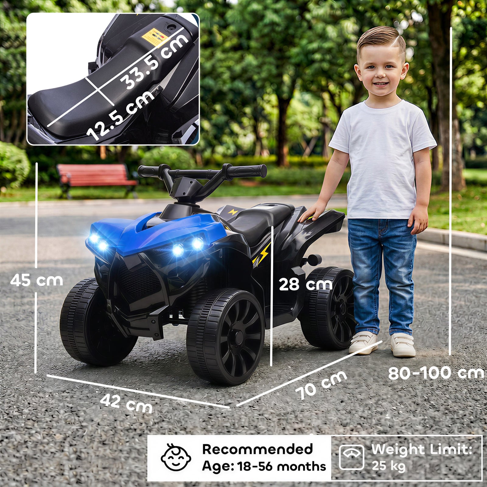 AIYAPLAY 6V Kids ATV, 4 Wheeler Electric Ride on Car with Music and LED Headlights, for Ages 18-56 Months Boys and Girls, Blue
