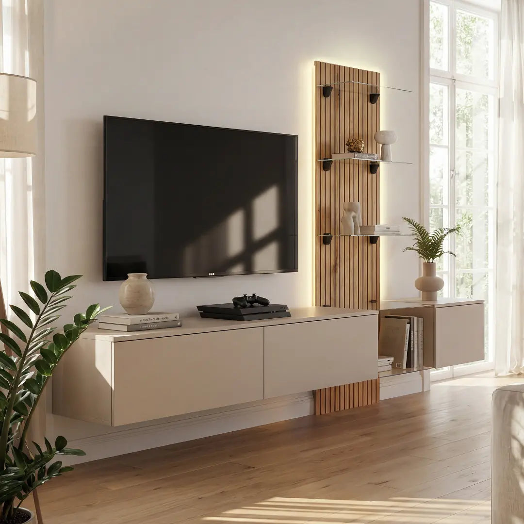 The entertainment unit mounted on a wall in a bright, modern living room with a large window