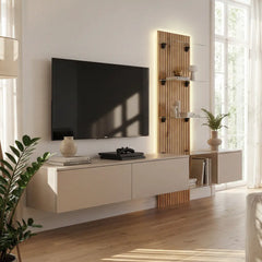 The entertainment unit mounted on a wall in a bright, modern living room with a large window
