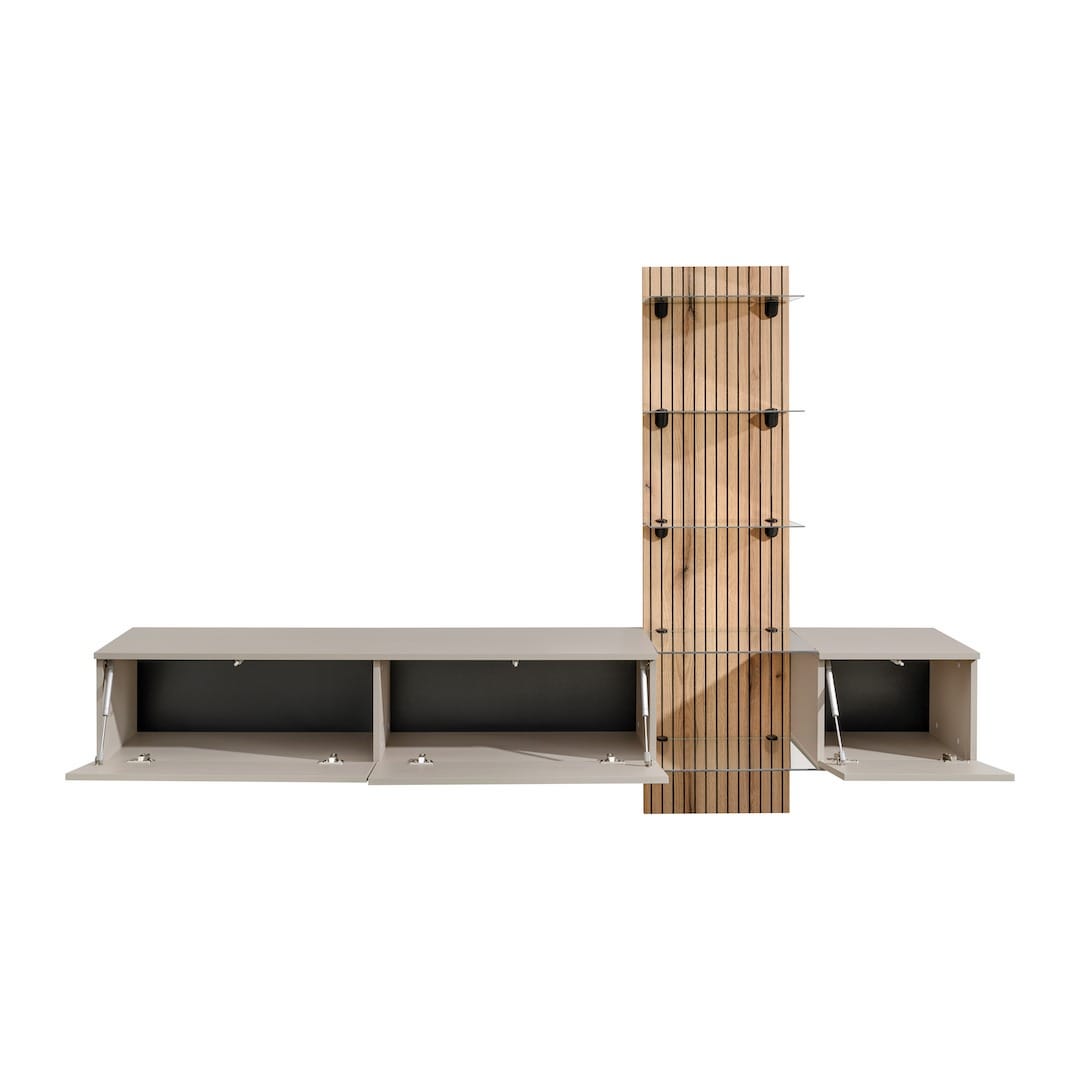 The entertainment unit with its storage compartments open, showing the interior space