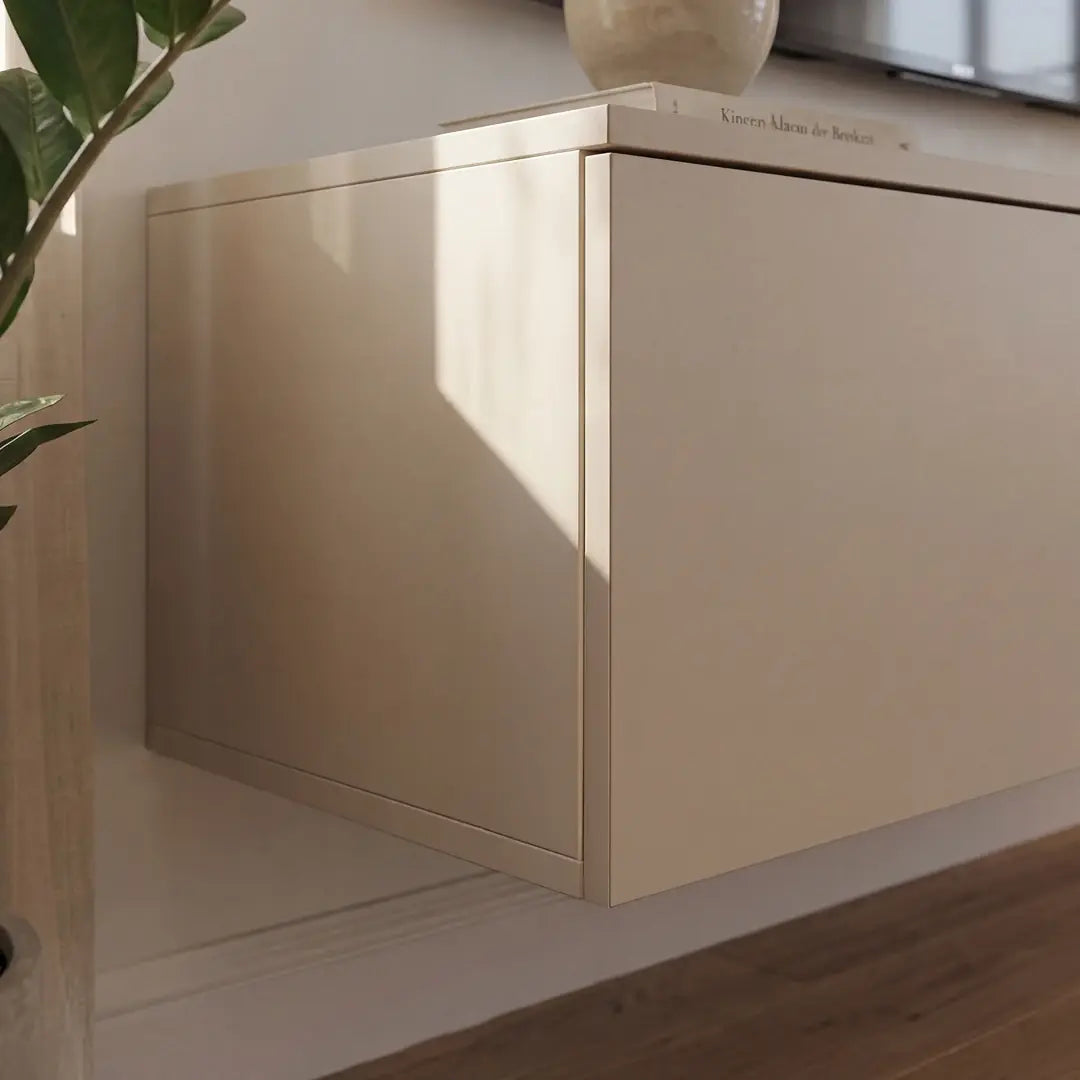 Close-up of the floating cabinet section of the entertainment unit