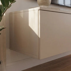 Close-up of the floating cabinet section of the entertainment unit