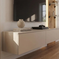Close-up of the top surface of the entertainment unit with decorative items