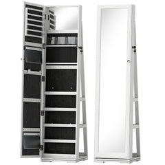 HOMCOM 360 degrees Swivel Jewellery Cabinet, Free Standing Full Length Mirror with Storage, Lockable Jewellery Organiser with Built-in Makeup Mirror and Storage Shelves for Bedroom, White