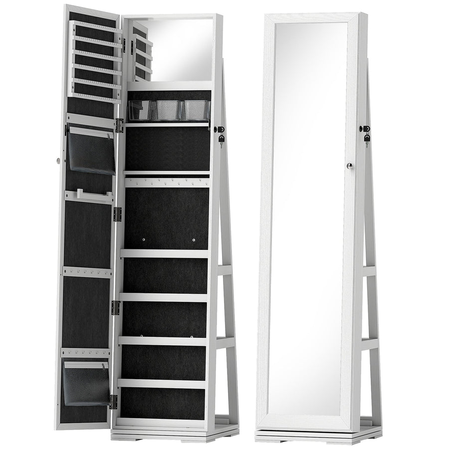 HOMCOM 360 degrees Swivel Jewellery Cabinet, Free Standing Full Length Mirror with Storage, Lockable Jewellery Organiser with Built-in Makeup Mirror and Storage Shelves for Bedroom, White