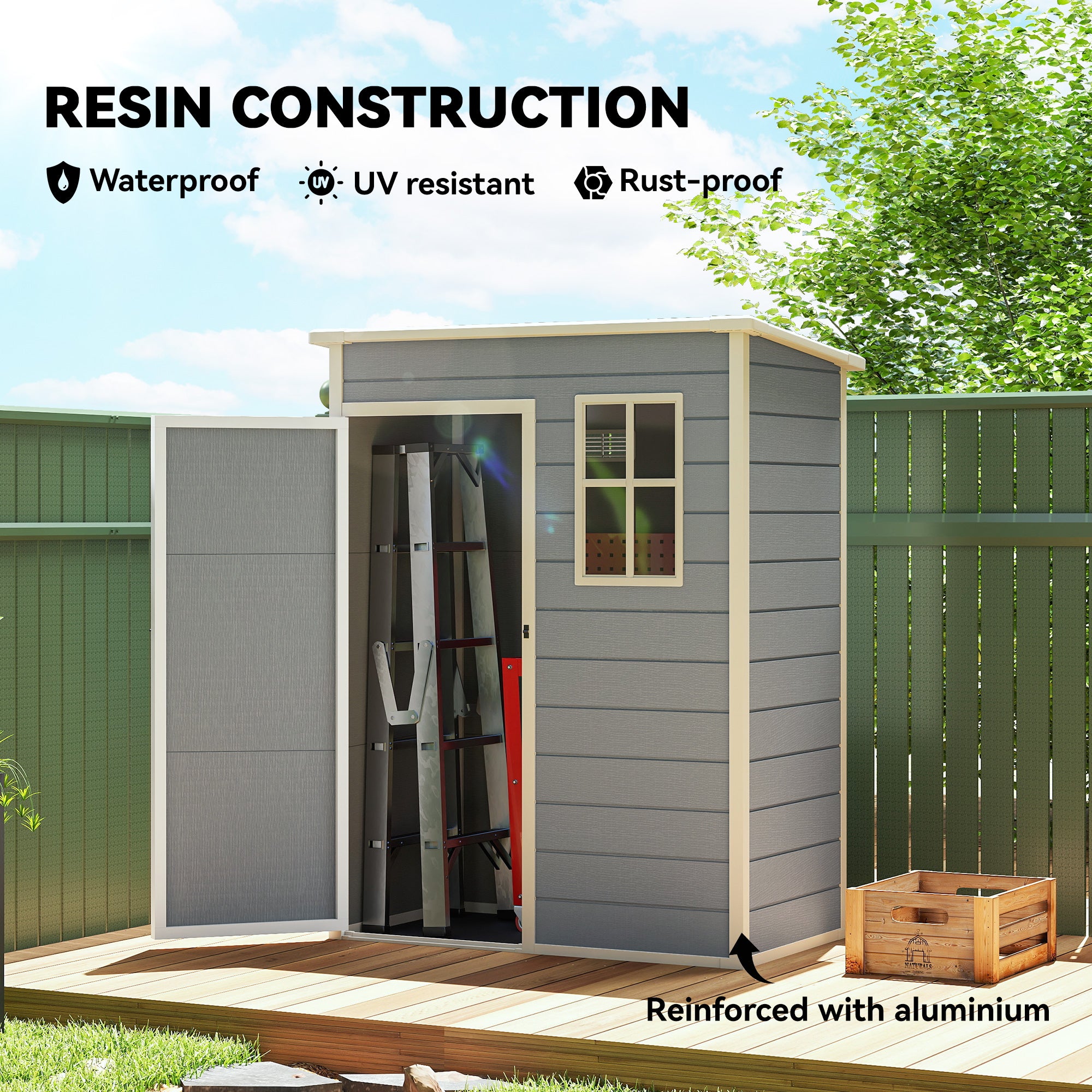 Outsunny 5' x 3' Garden Shed with Floor, Outdoor Storage Shed with Lockable Door, Window and Vent for Garden, Patio, Grey