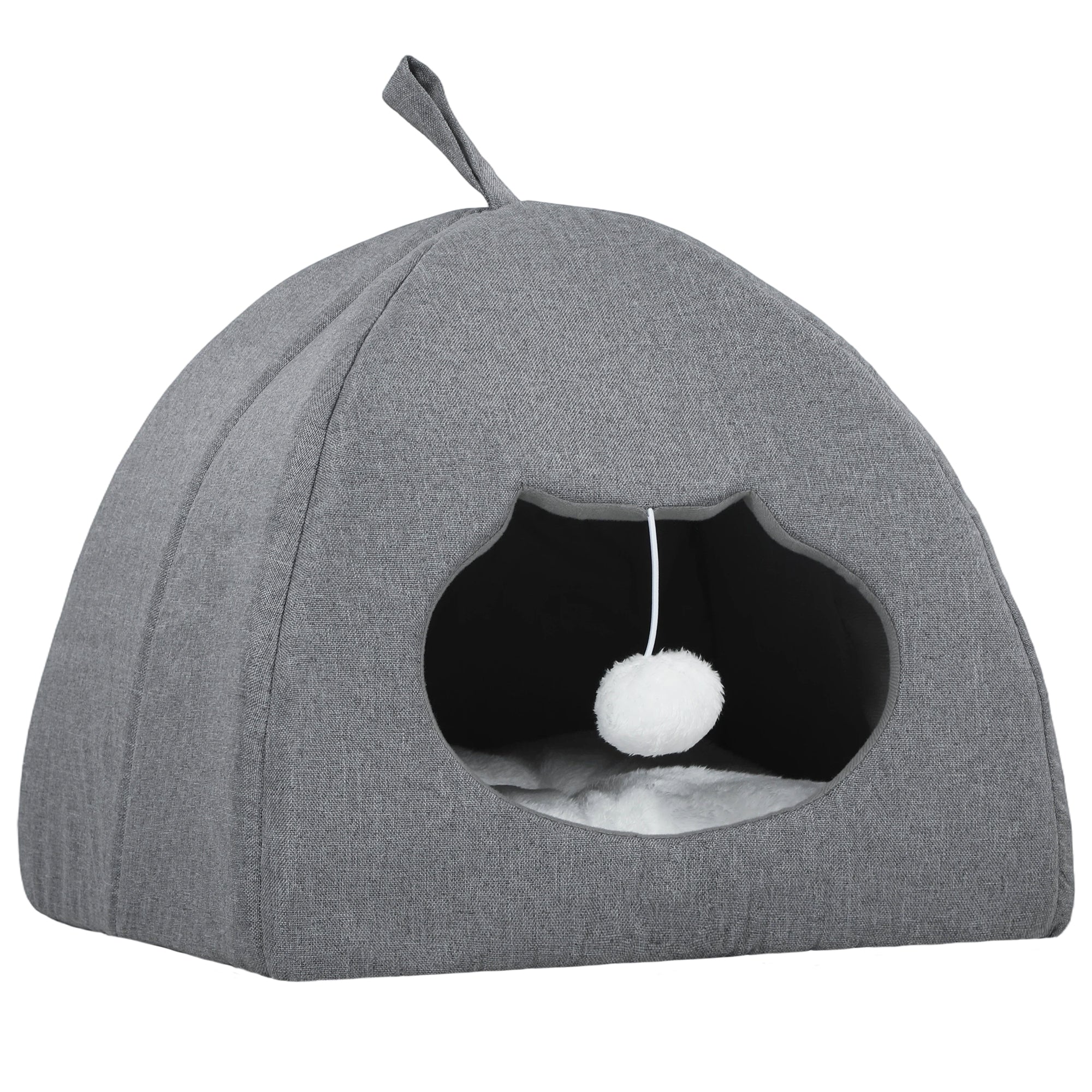 PawHut Cat Cave Bed for Indoor Kittens, Cat House with Removable Cushion and Teaser Ball, Kitty Igloo with Anti-Slip Base, 42 x 42 x 39 cm, Grey