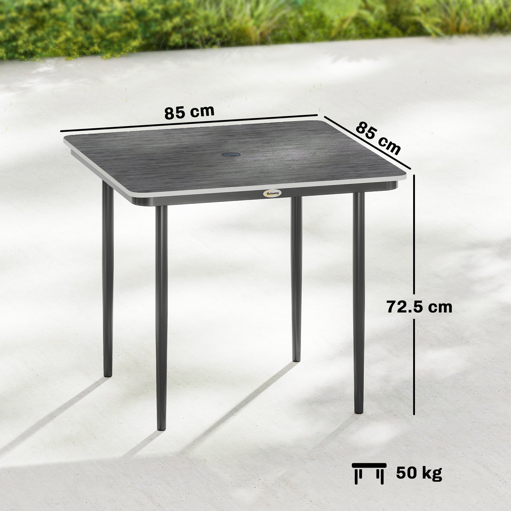 Outsunny Garden Dining Table for 4, 85 cm Square Outdoor Table with Umbrella Hole, Faux Wood Top, Metal Legs, Dark Grey