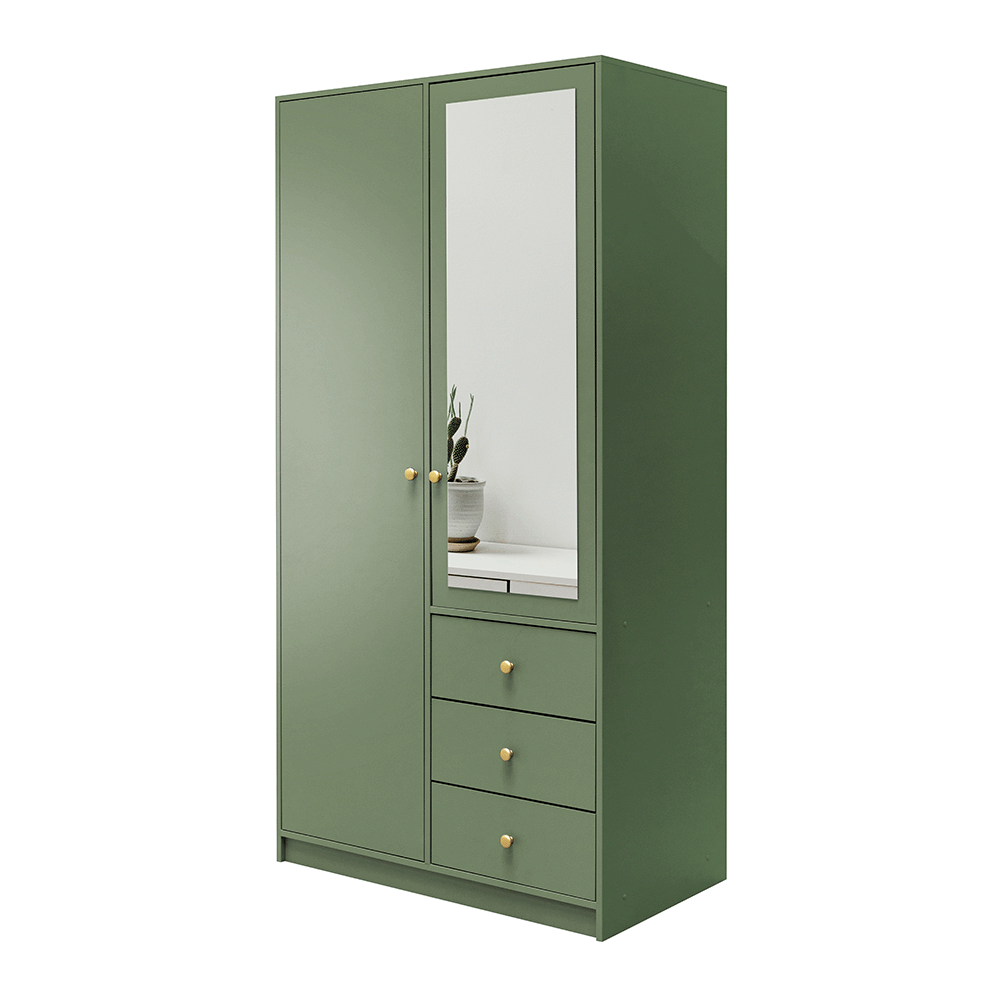 Bottle Green Mirrored Hinged Door Wardrobe 100cm – HUDSON II D2