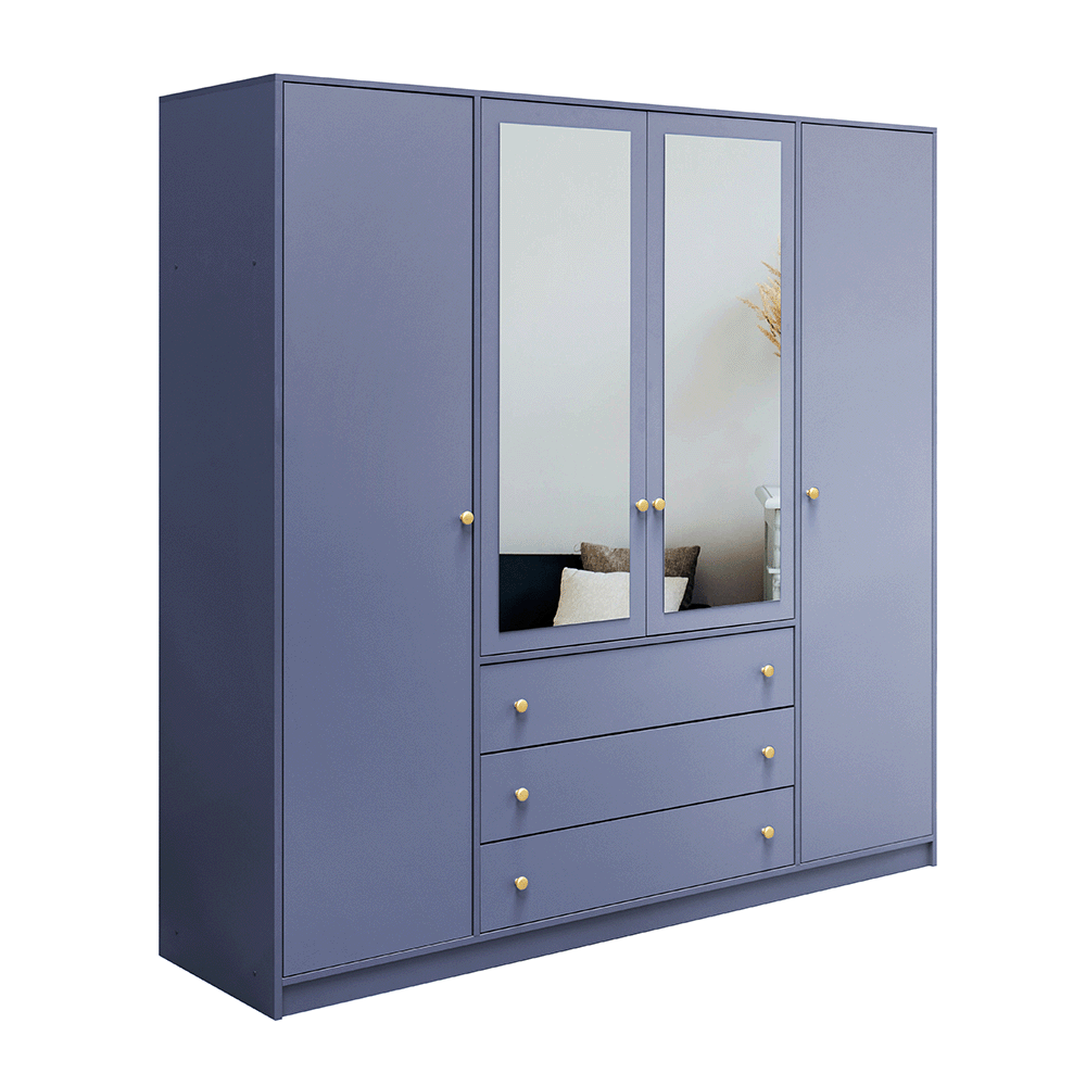 Dull Blue Mirrored Hinged Door Wardrobe 196cm – HUDSON II D4