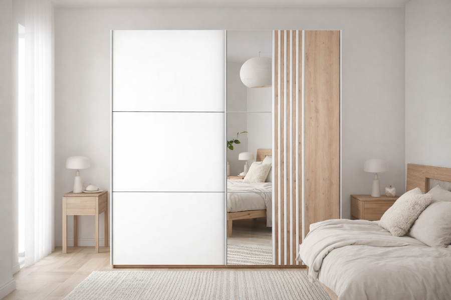 White Mirrored Sliding Door Wardrobe 200cm – KINGSLEY