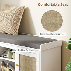 HOMCOM Boho Shoe Storage Bench with Padded Cushion and Rattan Doors - White