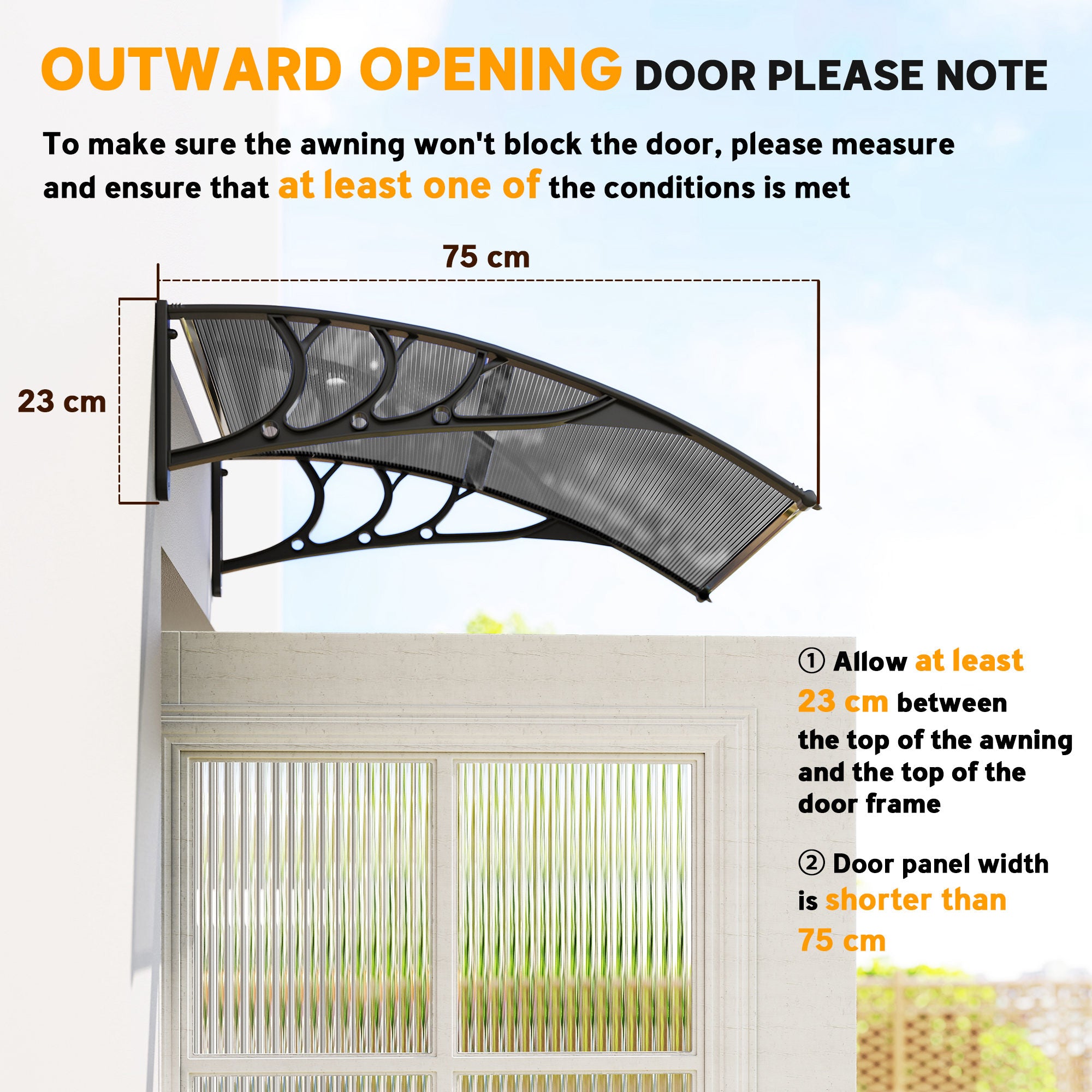 Outsunny Front Door Canopy Outdoor Awning Aluminium Rigid Plastic Polycarbonate Rain Shelter UV Water Rain Resistant 100 x 75cm Black