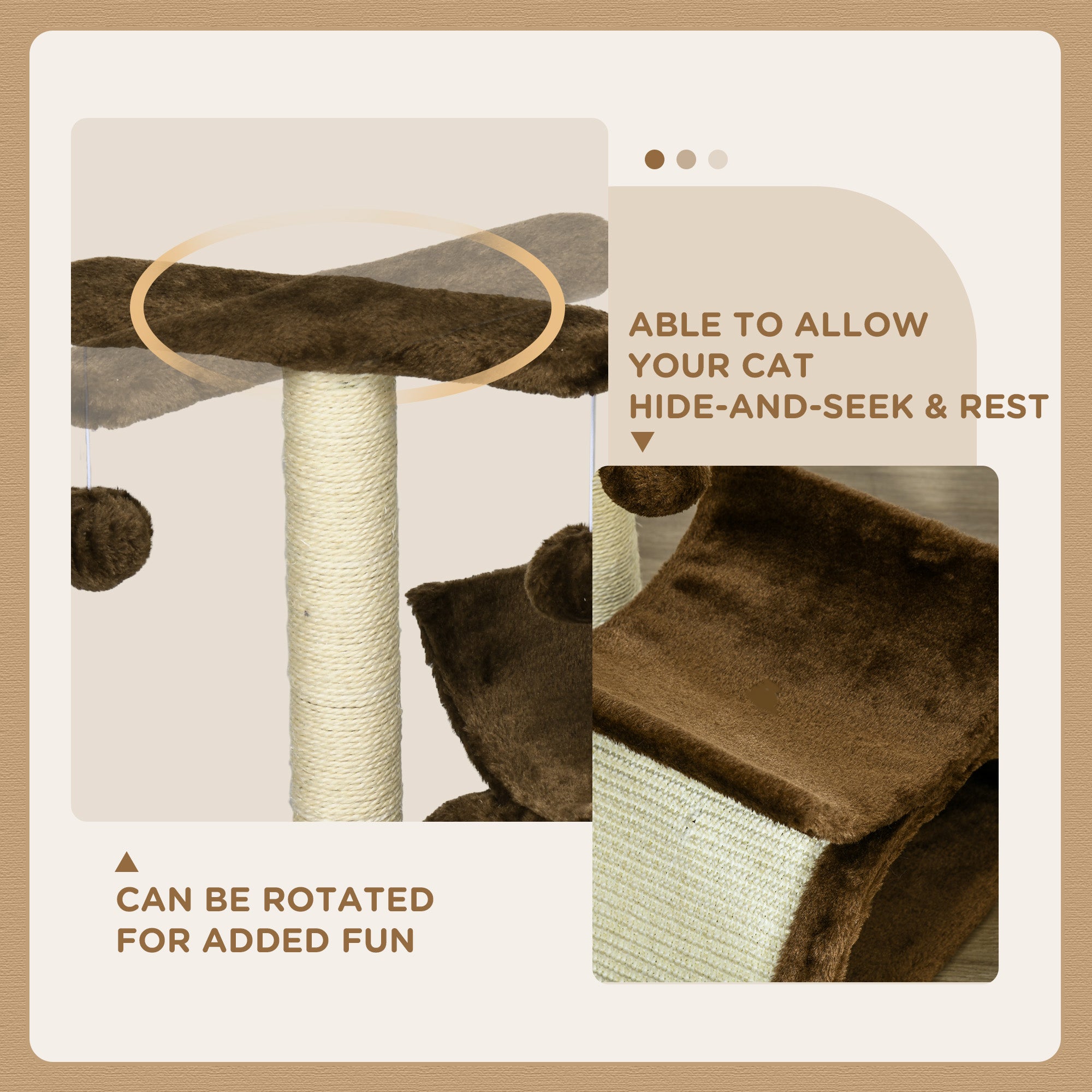 PawHut Cat Tree, Cat Tower for Kittens with Rotatable Top Bar, Sisal Scratching Post, Tunnel, Dangling Balls - Brown