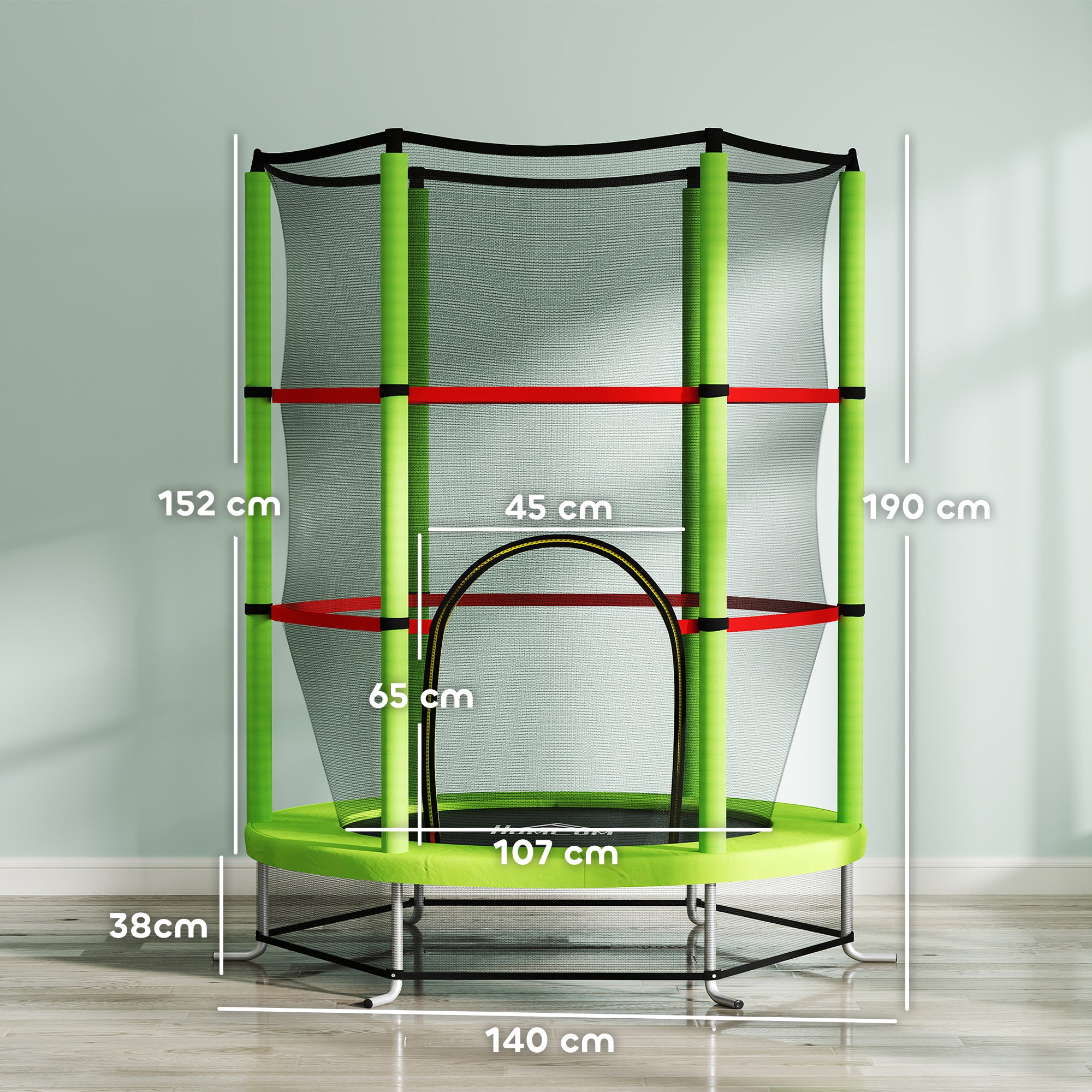 HOMCOM Kids Trampoline, with Enclosure Net, Steel Frame, for Ages 3-6 Years - Green