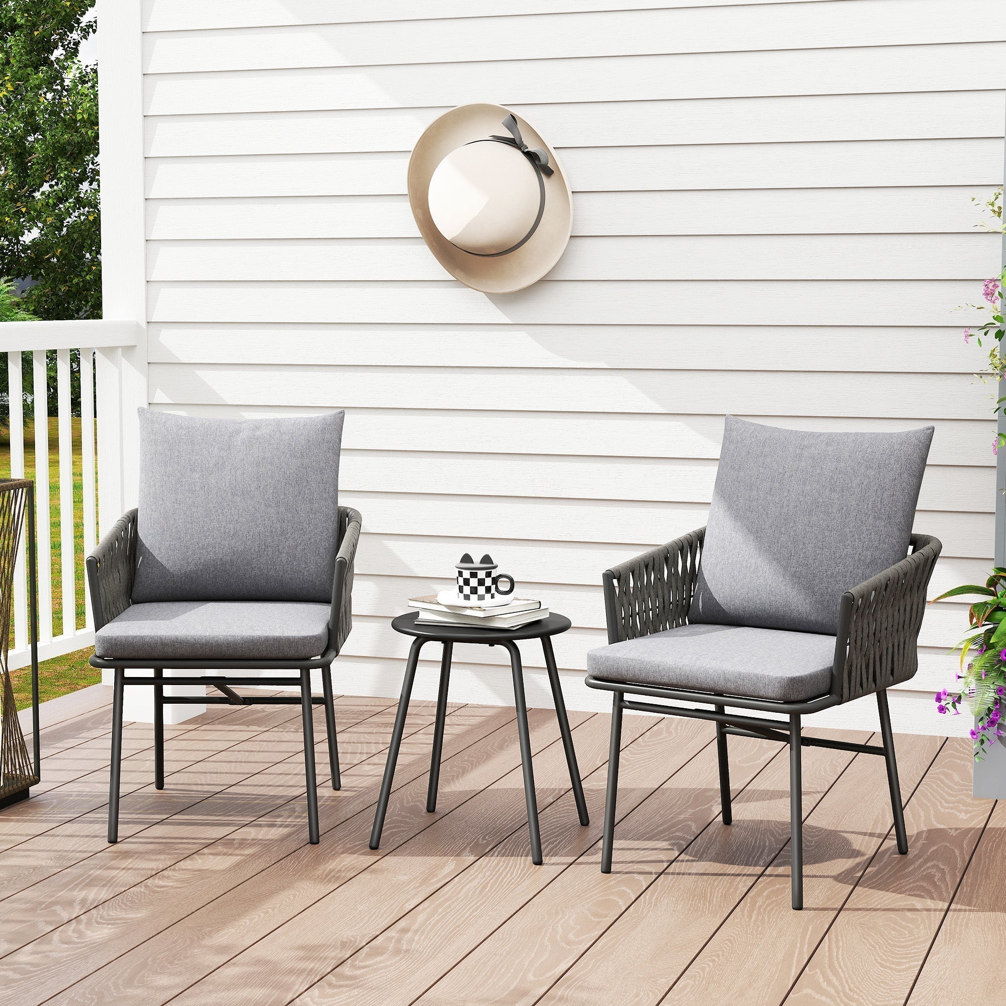 Outsunny 3-Piece Rattan Bistro Set, Garden Table and Chairs with 4 Cushions, Patio Rattan Conversation Furniture Set for Balcony, Porch, Terrace, Grey