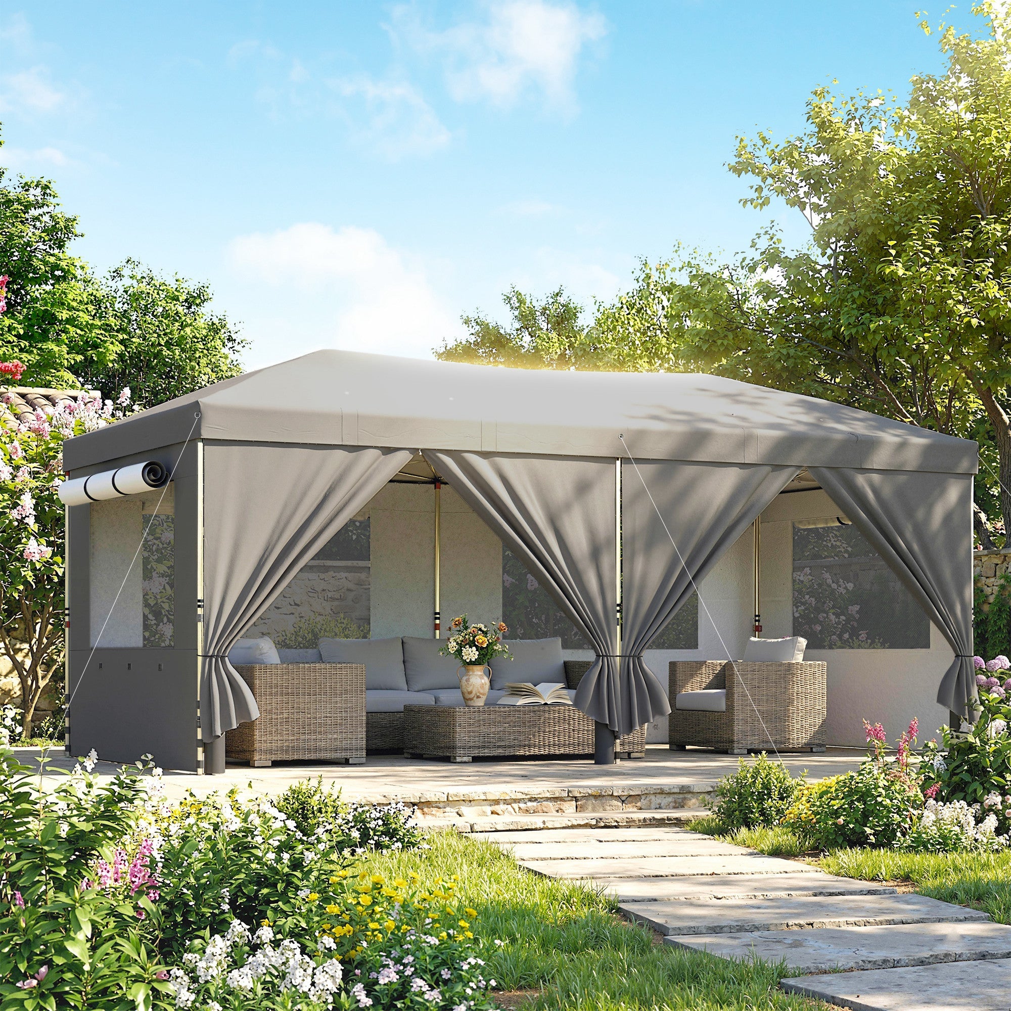Outsunny 3 x 6 m Pop Up Canopy with UV50+ Protection Garden Gazebo with 6 Sidewalls, Dark Grey