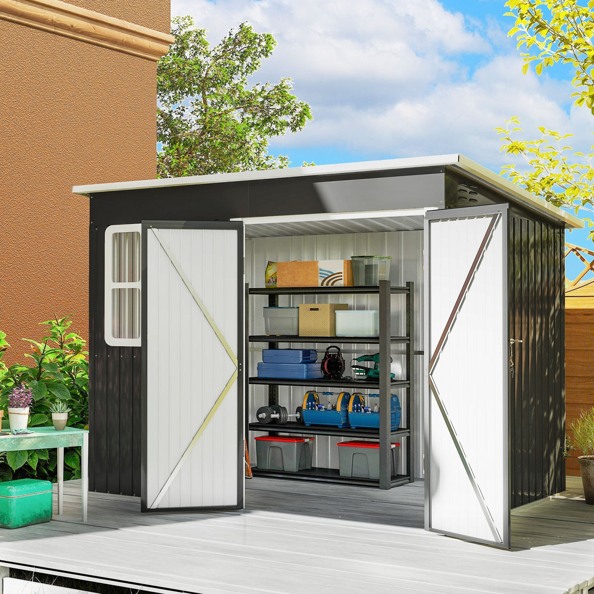 Outsunny 8.5 x 6ft Storage Shed Galvanised Steel Garden Shed, Metal Shed with Foundation Kit, Window, Lockable Wide Doors and