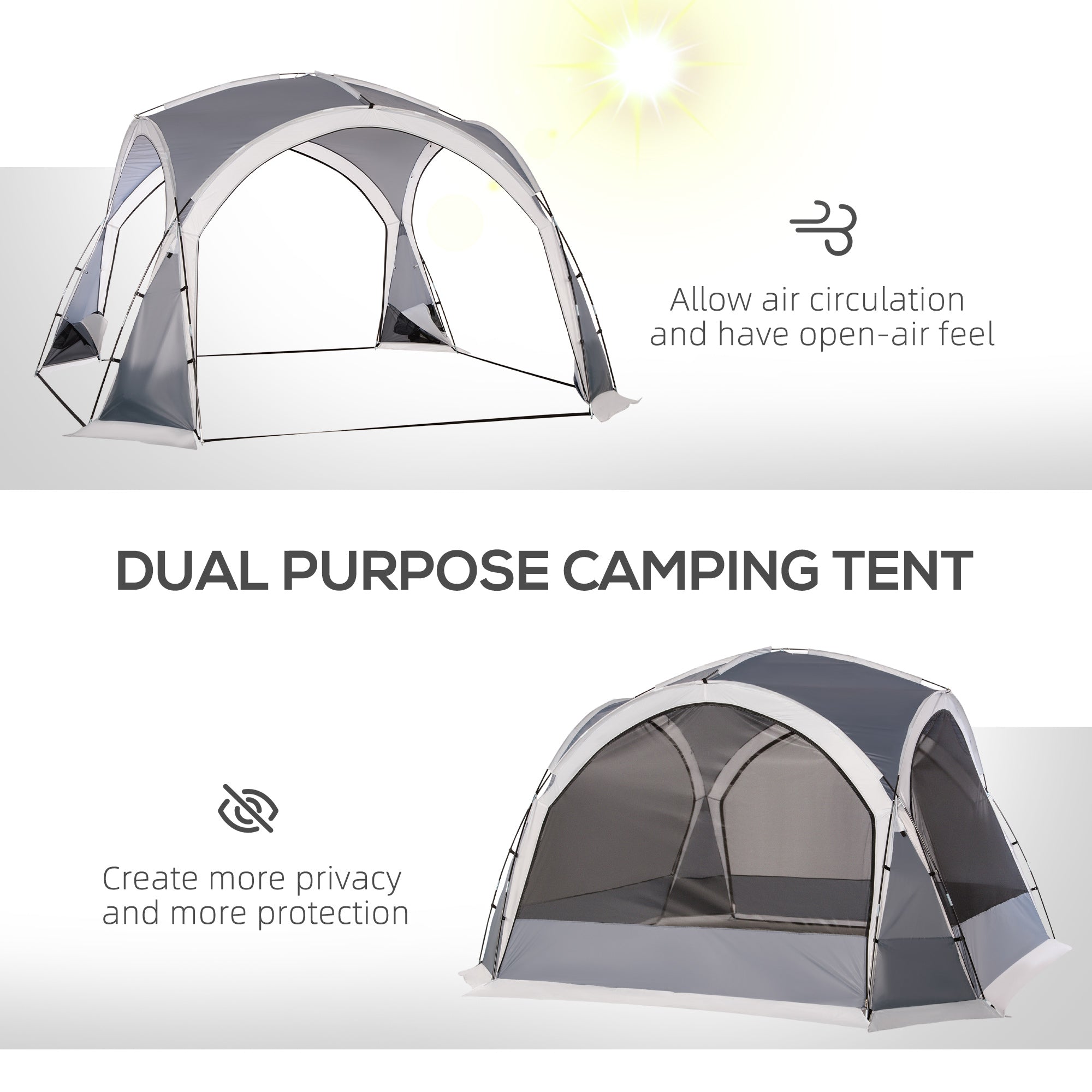 Outsunny Dome Tent for 6-8 Person, Camping Tent with 4 Zipped Mesh Doors, Removable Oxford Cloth, Lamp Hook, Portable Carry Bag, White and Grey