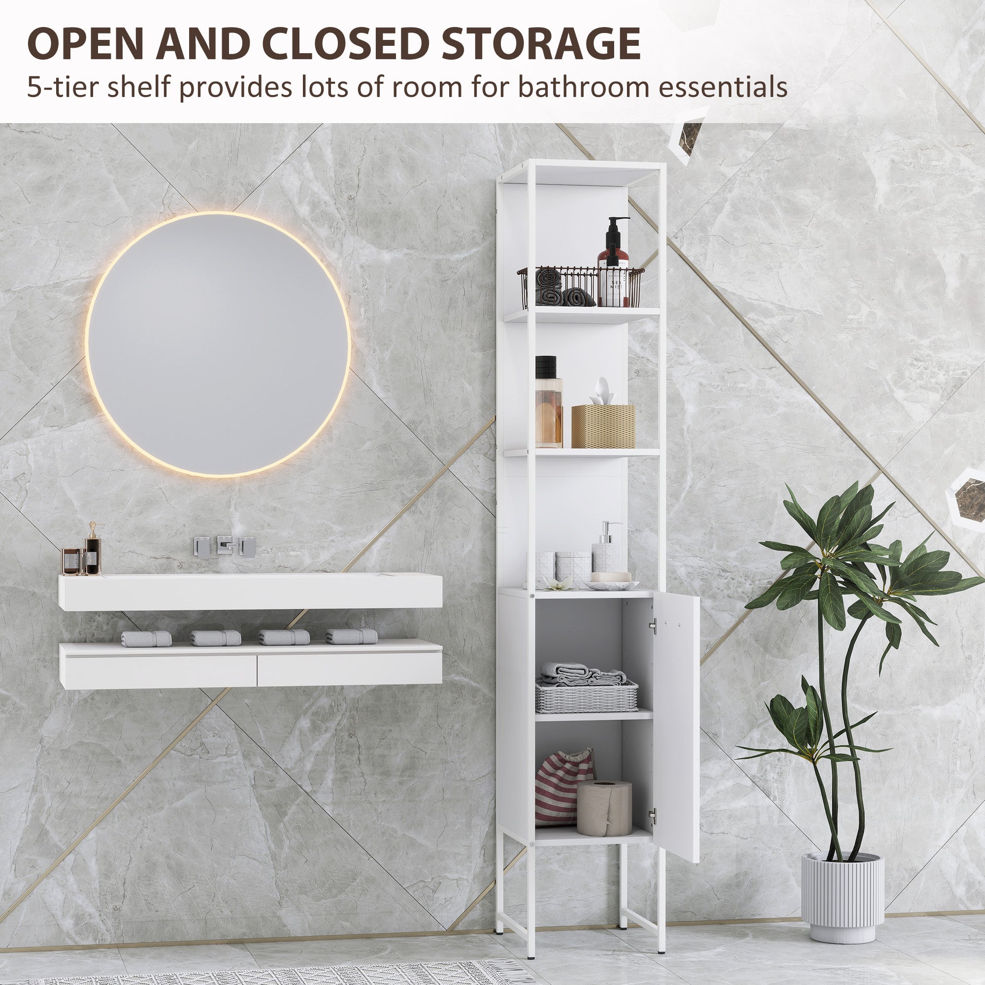 HOMCOM Tall Bathroom Cabinet with Open Shelves and Adjustable Shelf - White