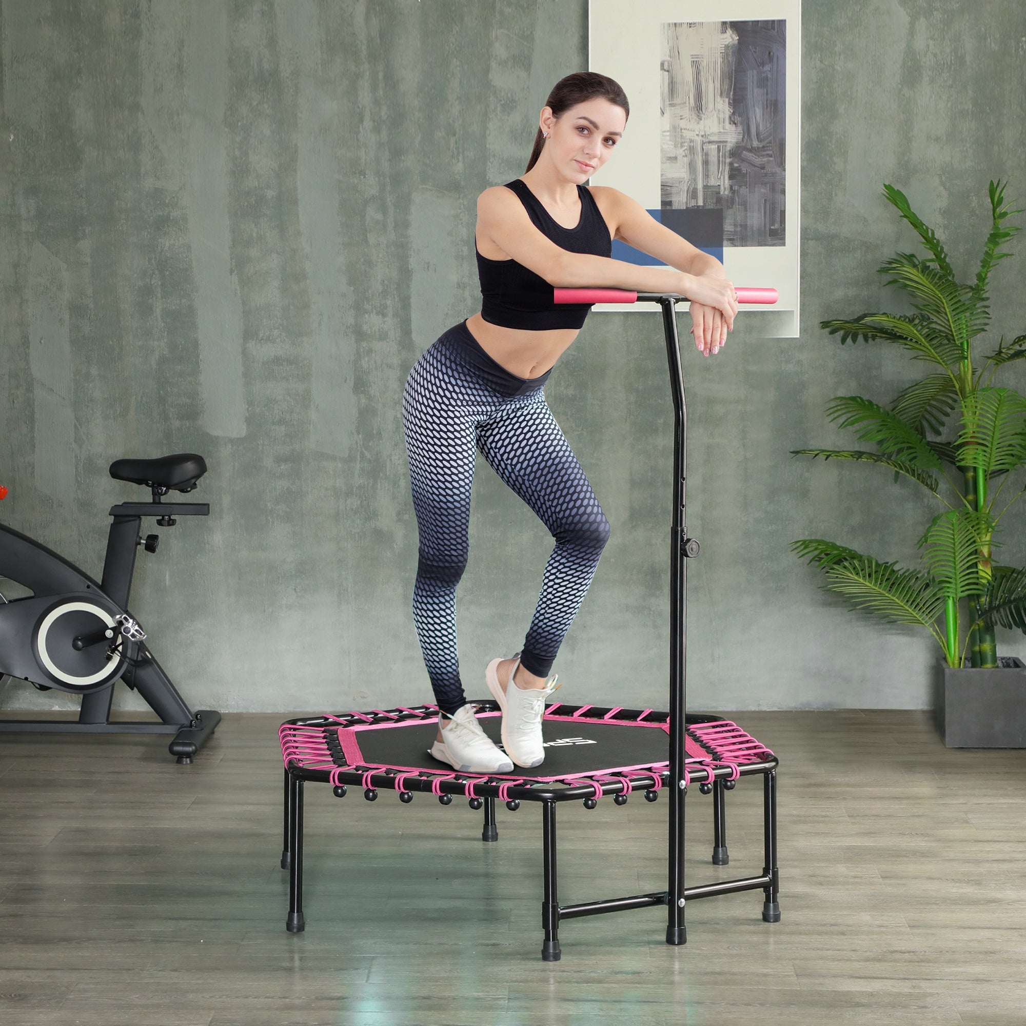 SPORTNOW 45" Rebounder Trampoline for Adults, Quiet Bungee Rebounder with LED Lights and Adjustable Handle, Pink