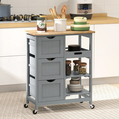 HOMCOM Rolling Kitchen Island Cart, Bar Serving Cart, Compact Trolley on Wheels with Wood Top, Shelves & Drawers, Grey