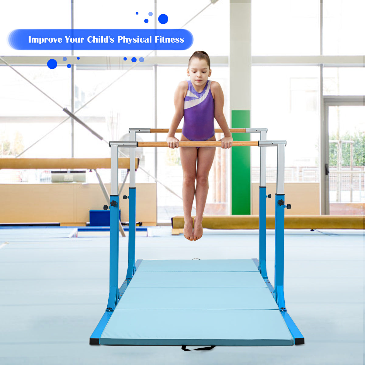 Kids Parallel Gymnastics Bar with Adjustable Width and 11-Level Heights-Blue