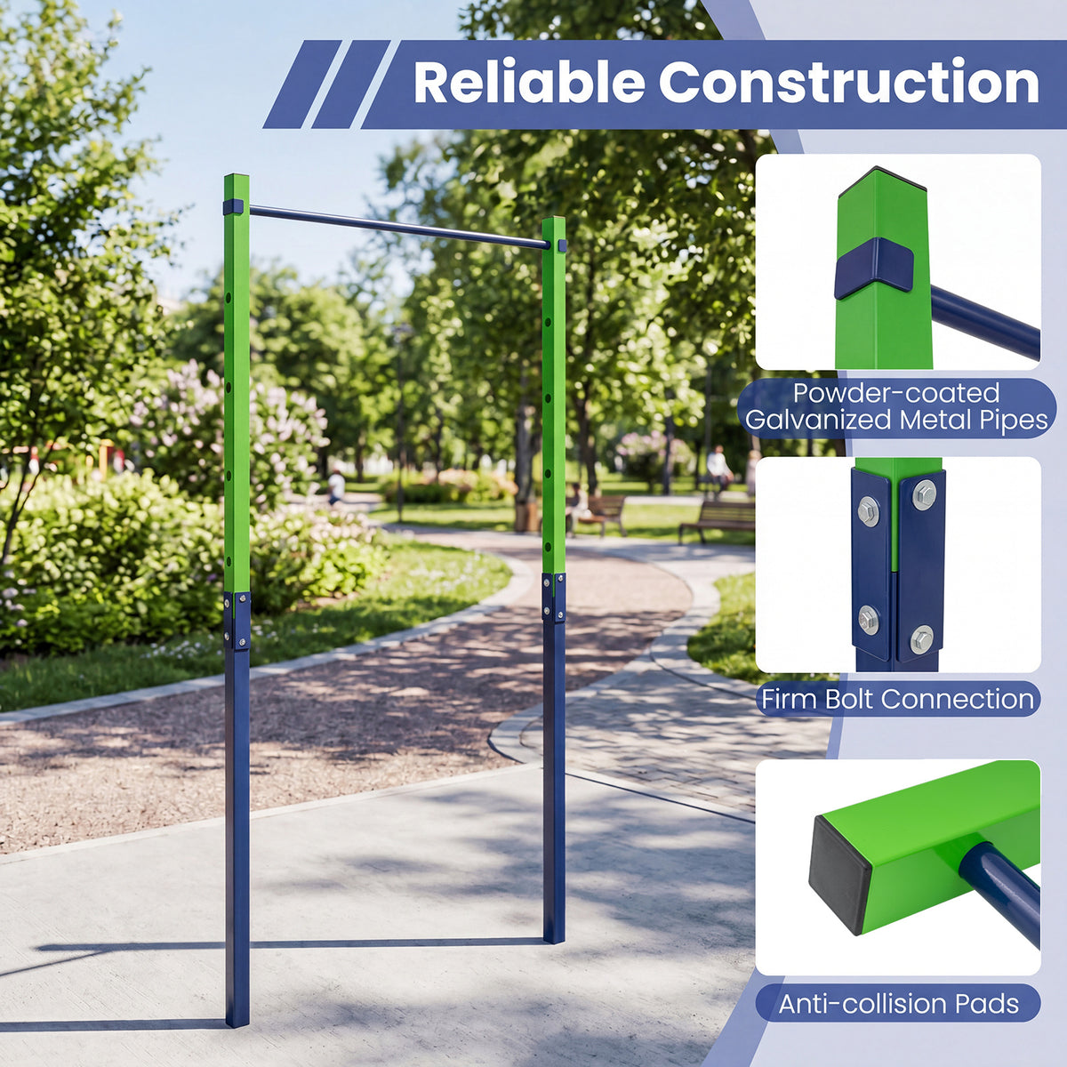 Outdoor In-Ground Pull Up Bar Heavy Duty Metal Pull Up Bar Station with 5 Adjustable Heights-Blue