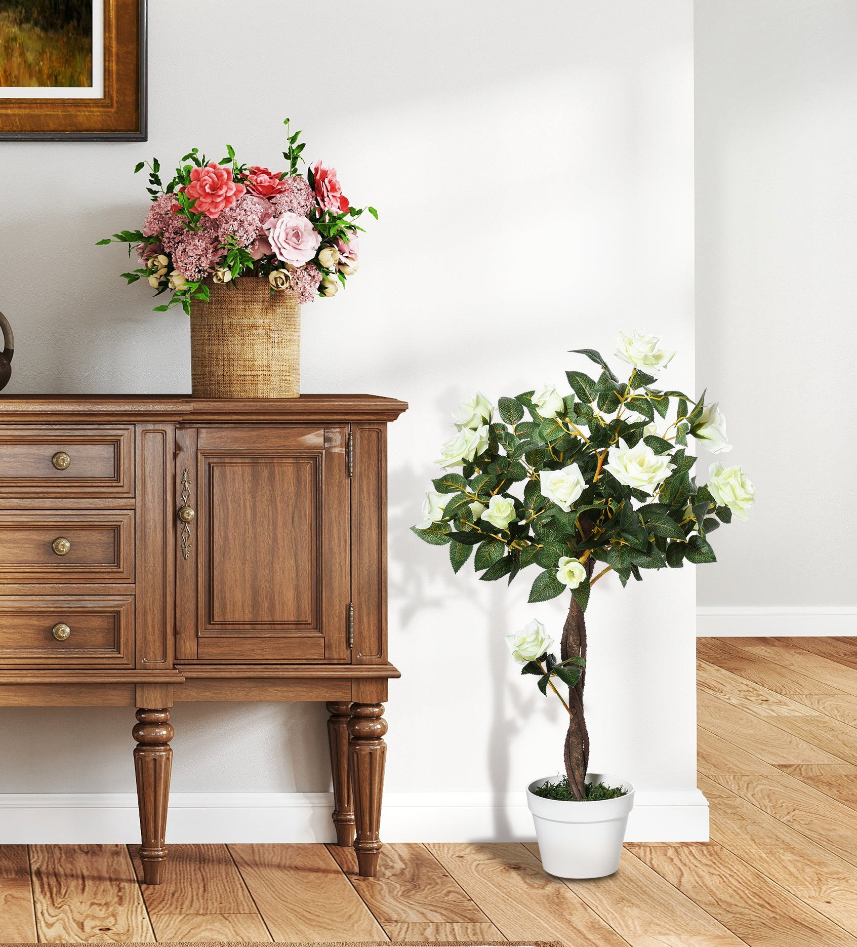 Outsunny Artificial Plants White Rose Floral in Pot, Fake Plants for Home Indoor Decor, 90cm