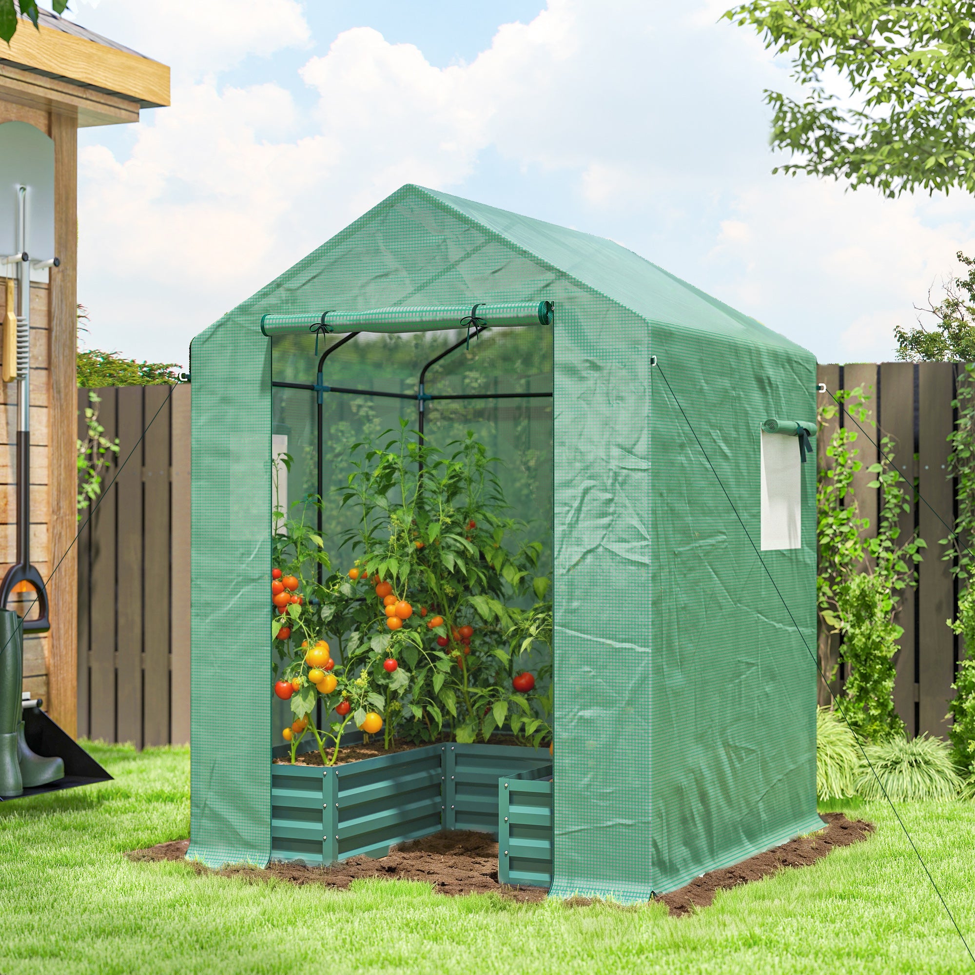 Outsunny Mini Greenhouse with Raised Garden Bed, Galvanised Walk-in Greenhouse with Roll Up Windows, 56" x 56" x 75", Green