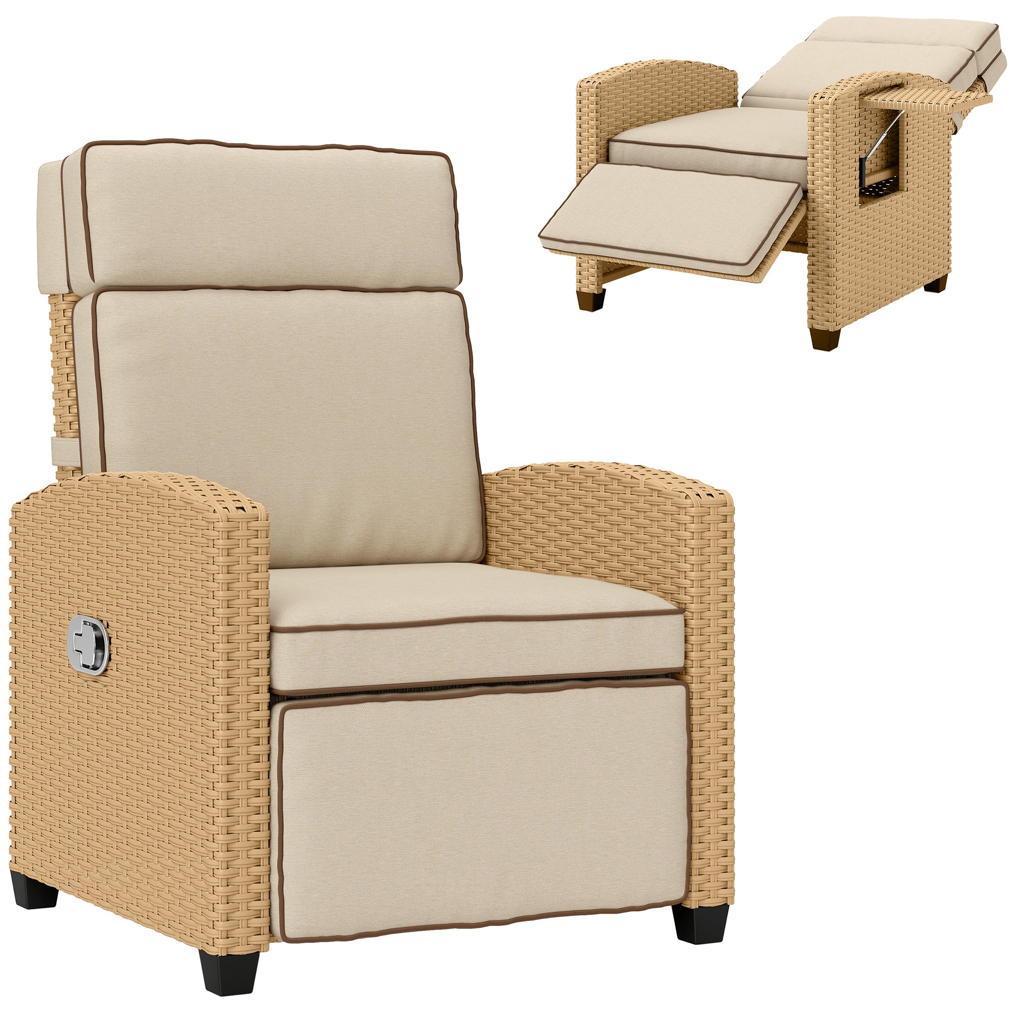 Outsunny 145Â° Reclining Rattan Armchair, with Footrest - Khaki/Beige