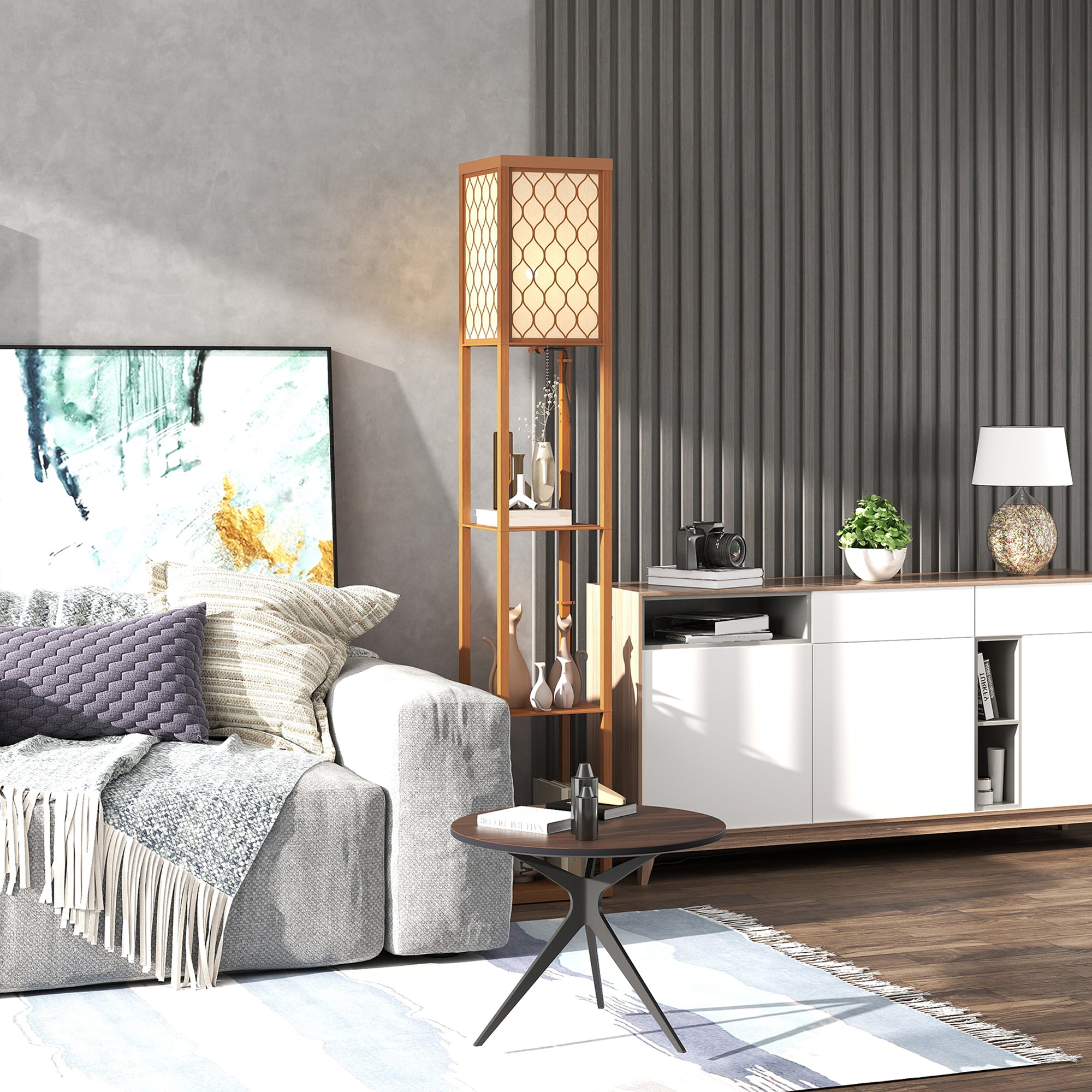 HOMCOM Three-Shelf Standing Lamp - Natural