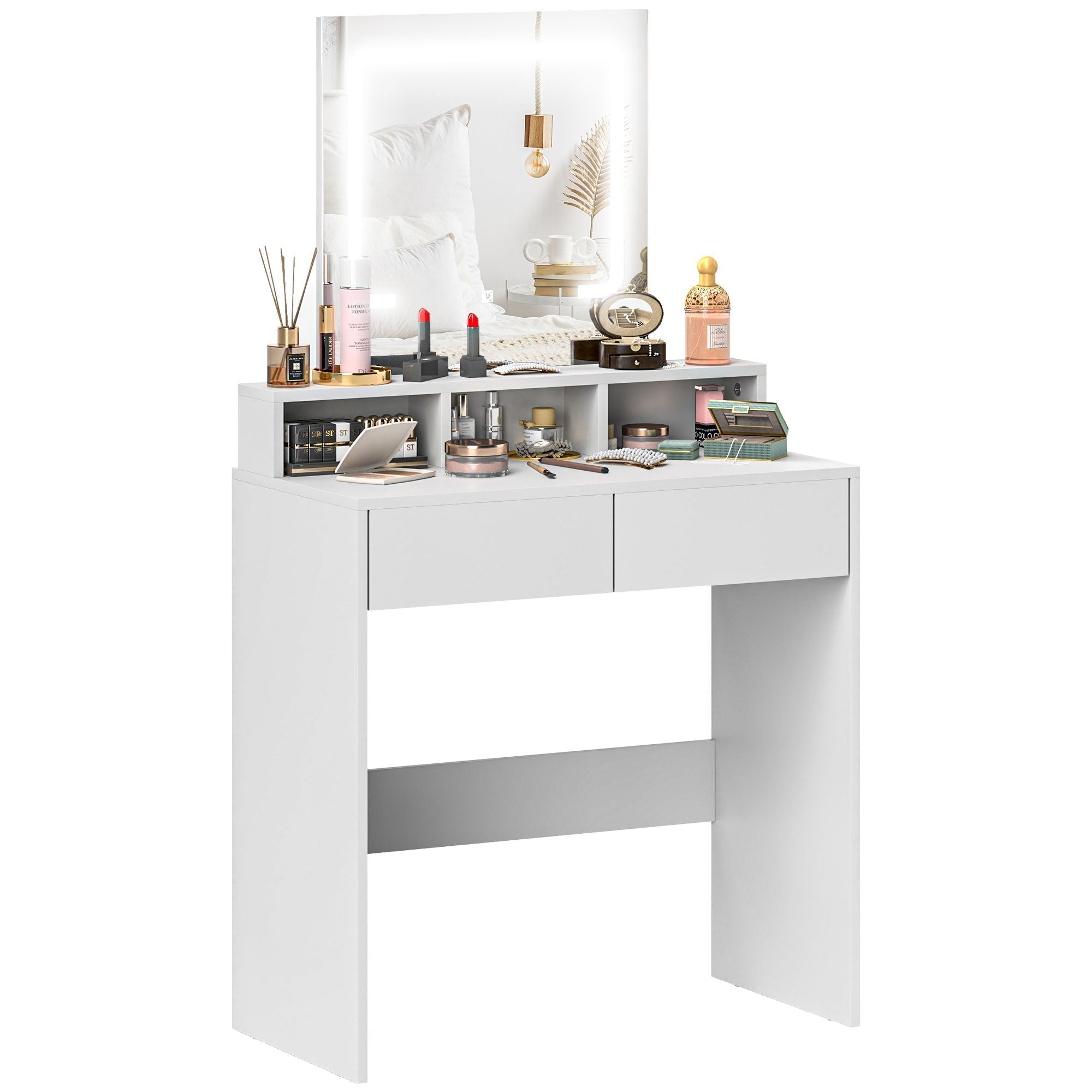 HOMCOM Storage Dressing Table, with LED Light Mirror - White
