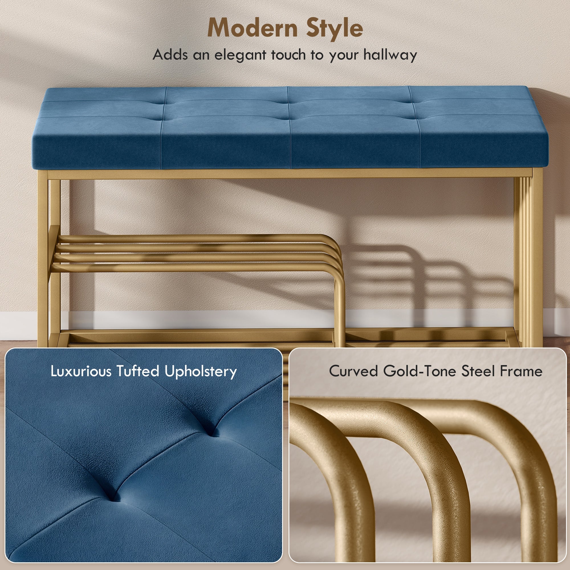 HOMCOM Bench and Shoe Storage, Tufted Shoe Storage Bench with Velvet Seat Cushion Gold Steel Frame for Entryway, Dark Blue