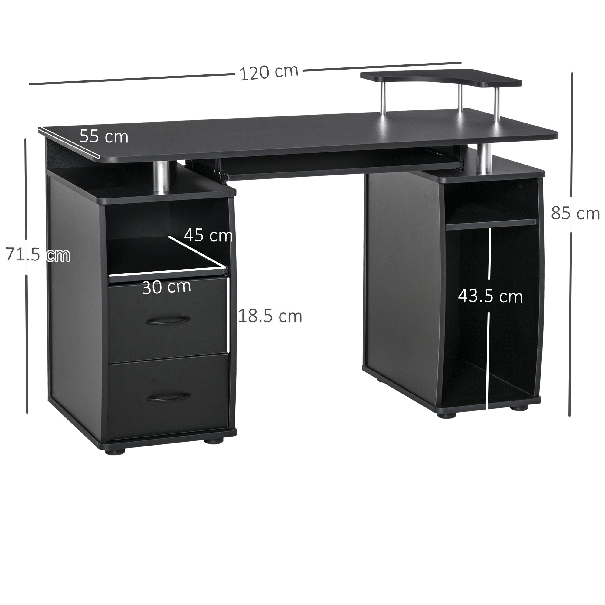 HOMCOM Study Desk Writing Table for Home Office, Student Workstation with Drawers, Sliding Shelf and Storage, Black