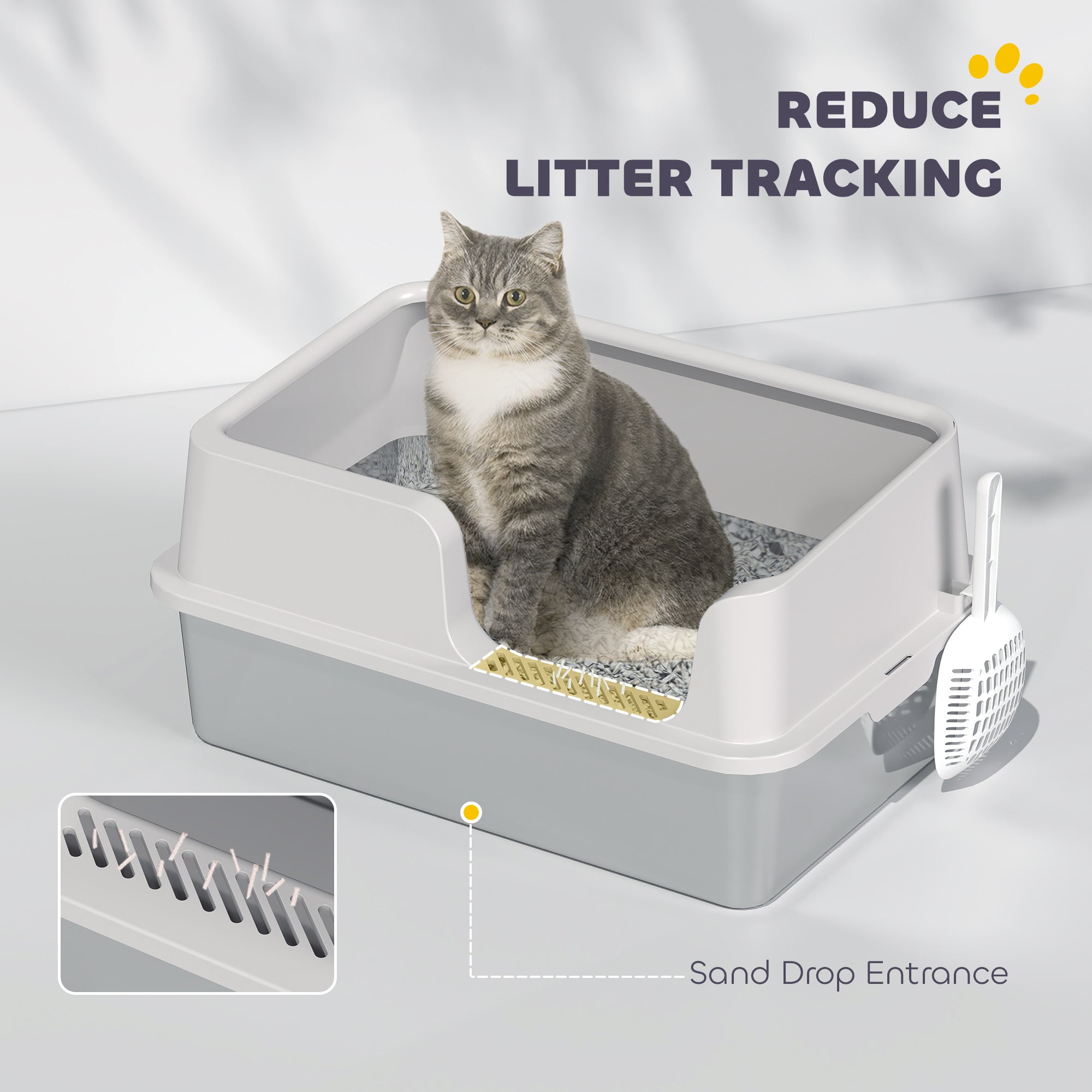 PawHut Stainless Steel Litter Box with Detachable Rim, Scoop, Easy Cleaning, Odour-Resistant, 60 x 40 x 28 cm