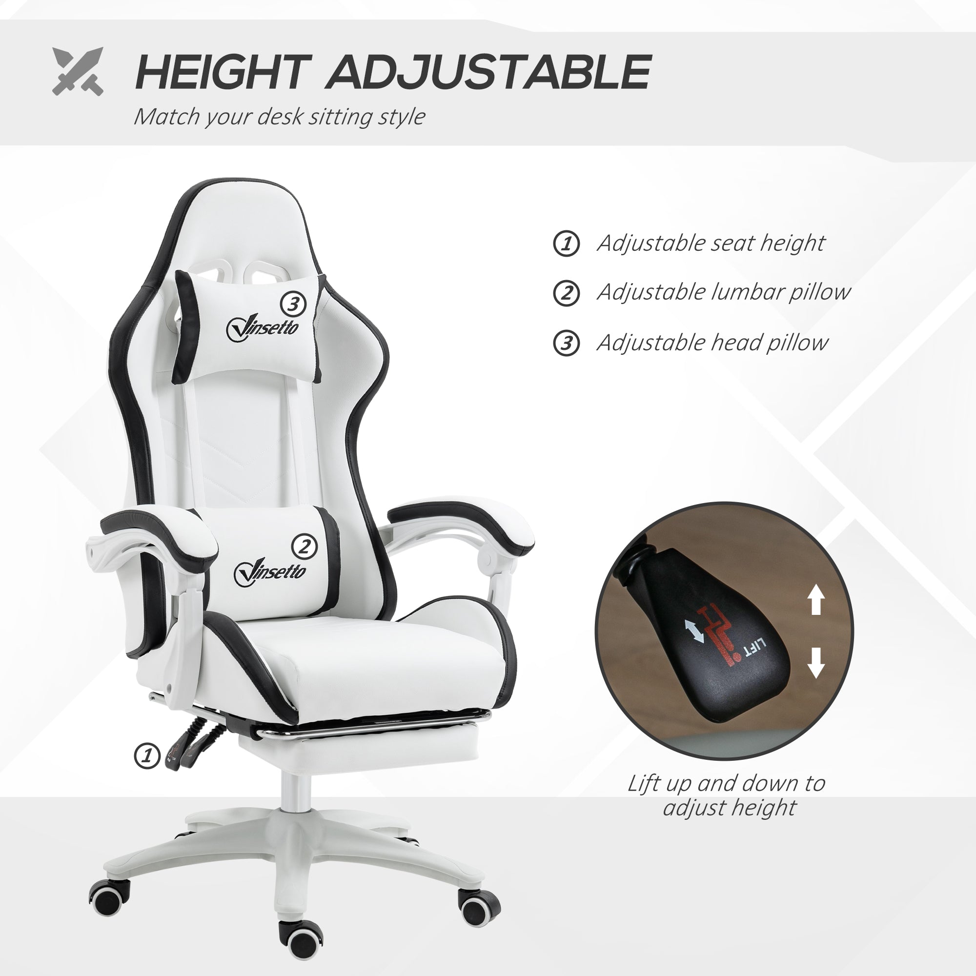 Vinsetto Computer Gaming Chair, PU Leather Office Desk Chair with Footrest, Swivel Wheels, 135√Ç¬∞ Reclining Back, Lumbar Support, Headrest for Home, White and Black