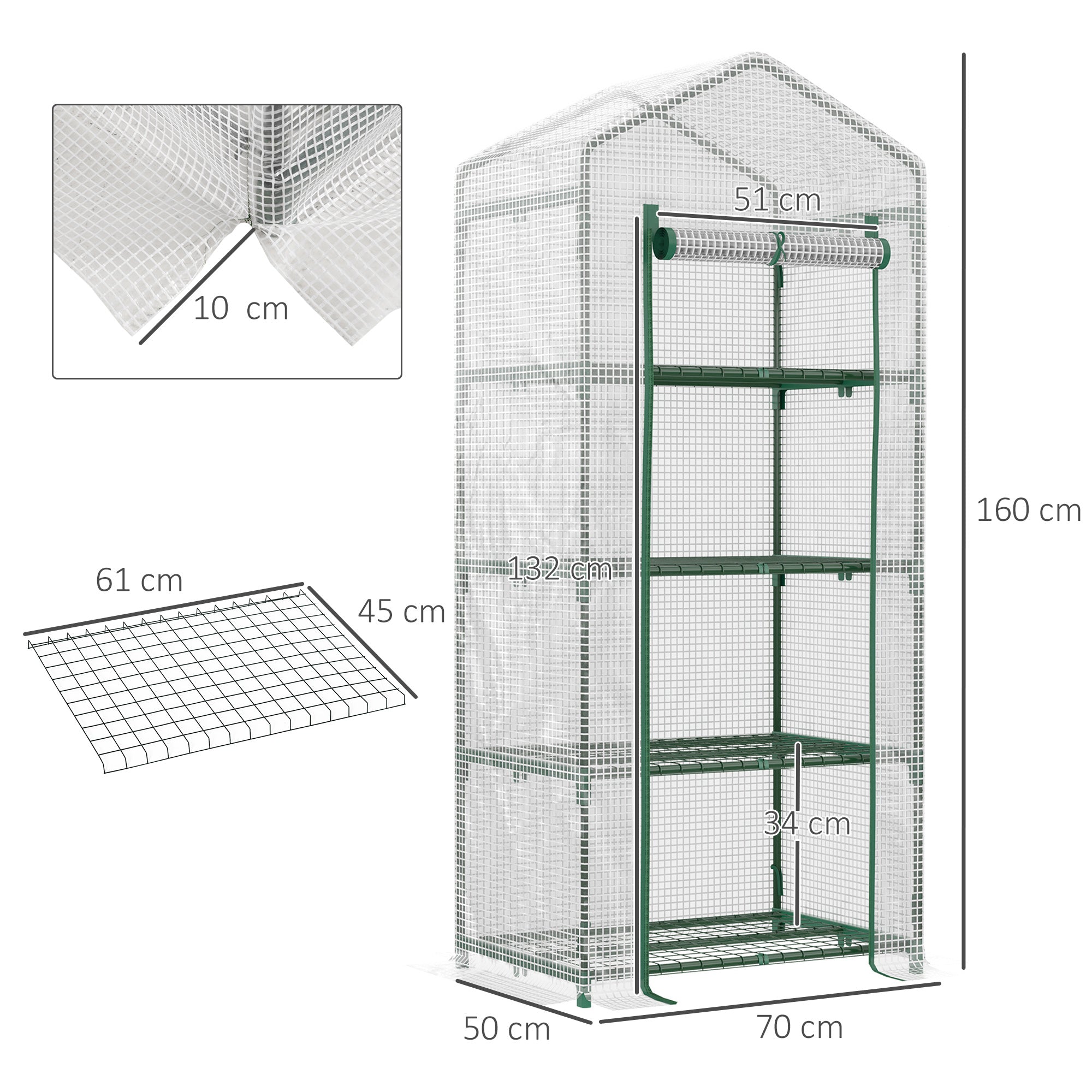 Outsunny 4 Tier Mini Greenhouse, Portable Compact Green House with Steel Frame, PE Cover, Roll-up Door, 70 x 50 x 160 cm, White