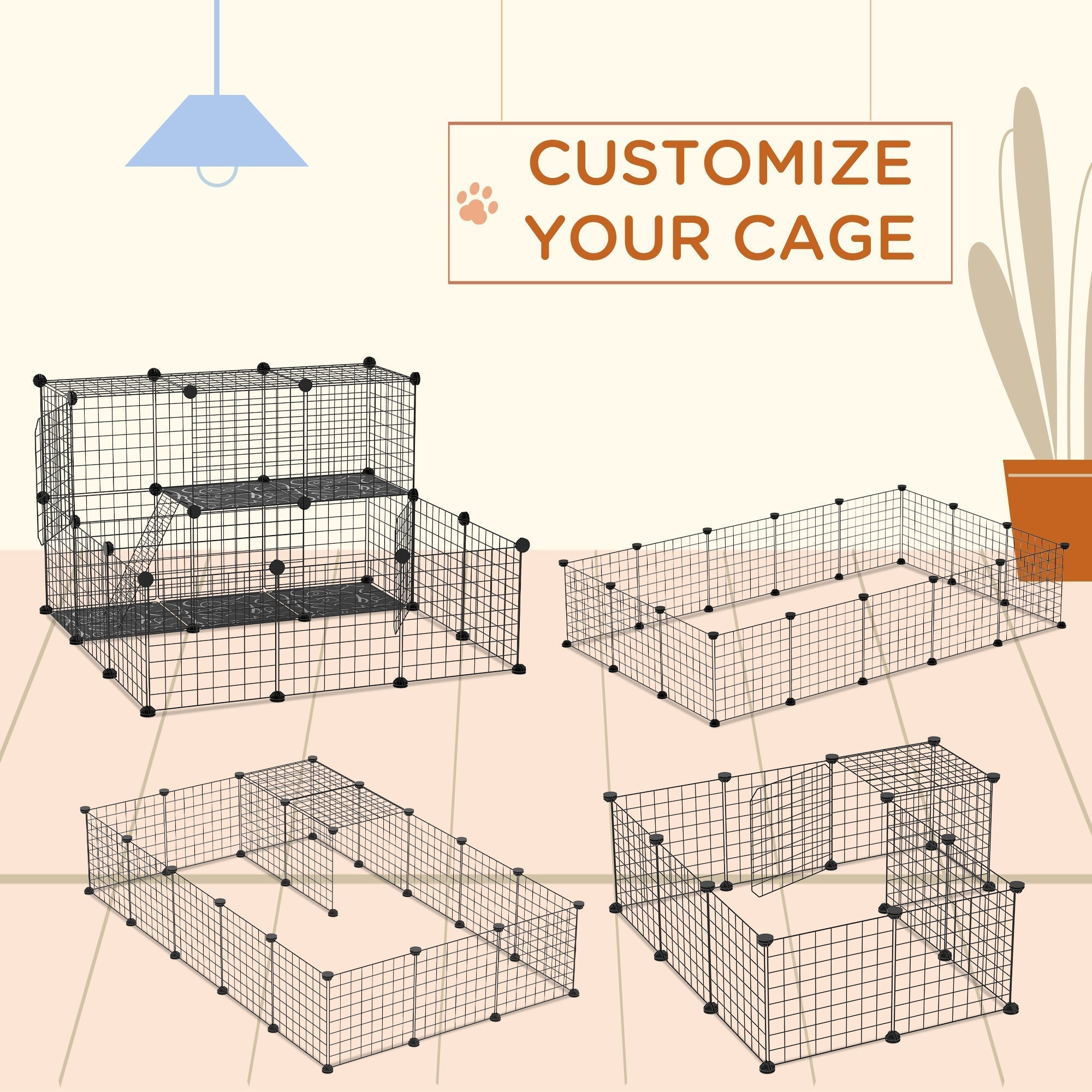 PawHut Pet Playpen w/ Door Customisable Fence for Guinea Pigs Chinchillas Hedgehogs - Black