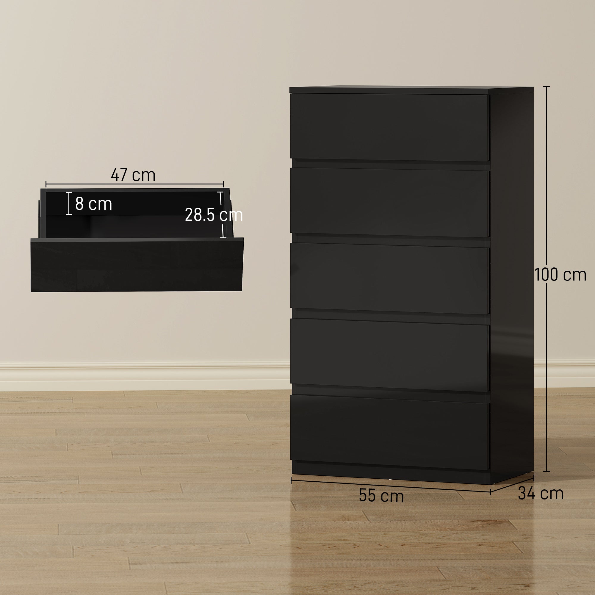 HOMCOM Chest of Drawers, 5-Drawer Storage Cabinets, Modern Dresser, Storage Drawer Unit for Bedroom