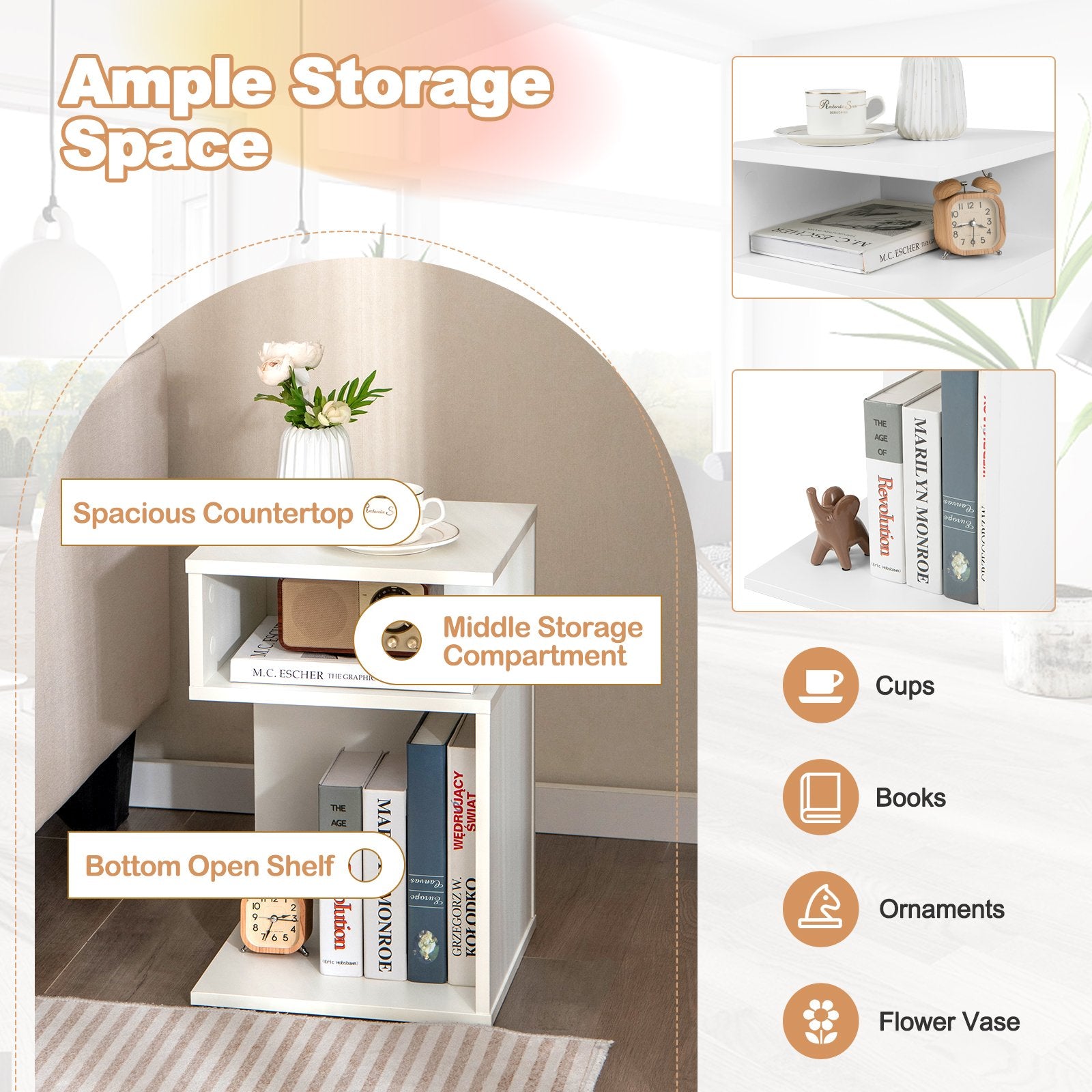 S-Shaped Side Table with 2 Open Compartments for Small Space-White