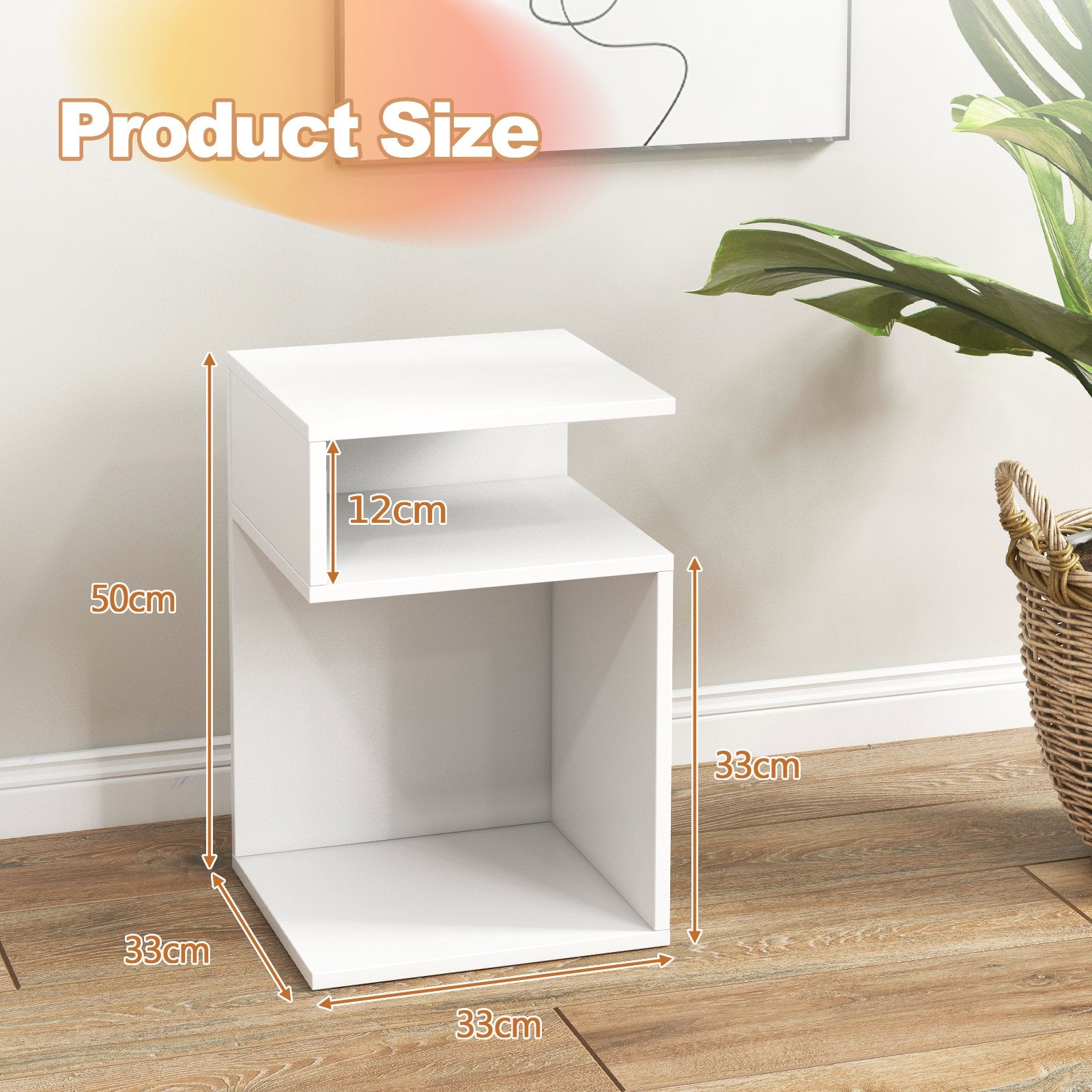 S-Shaped Side Table with 2 Open Compartments for Small Space-White