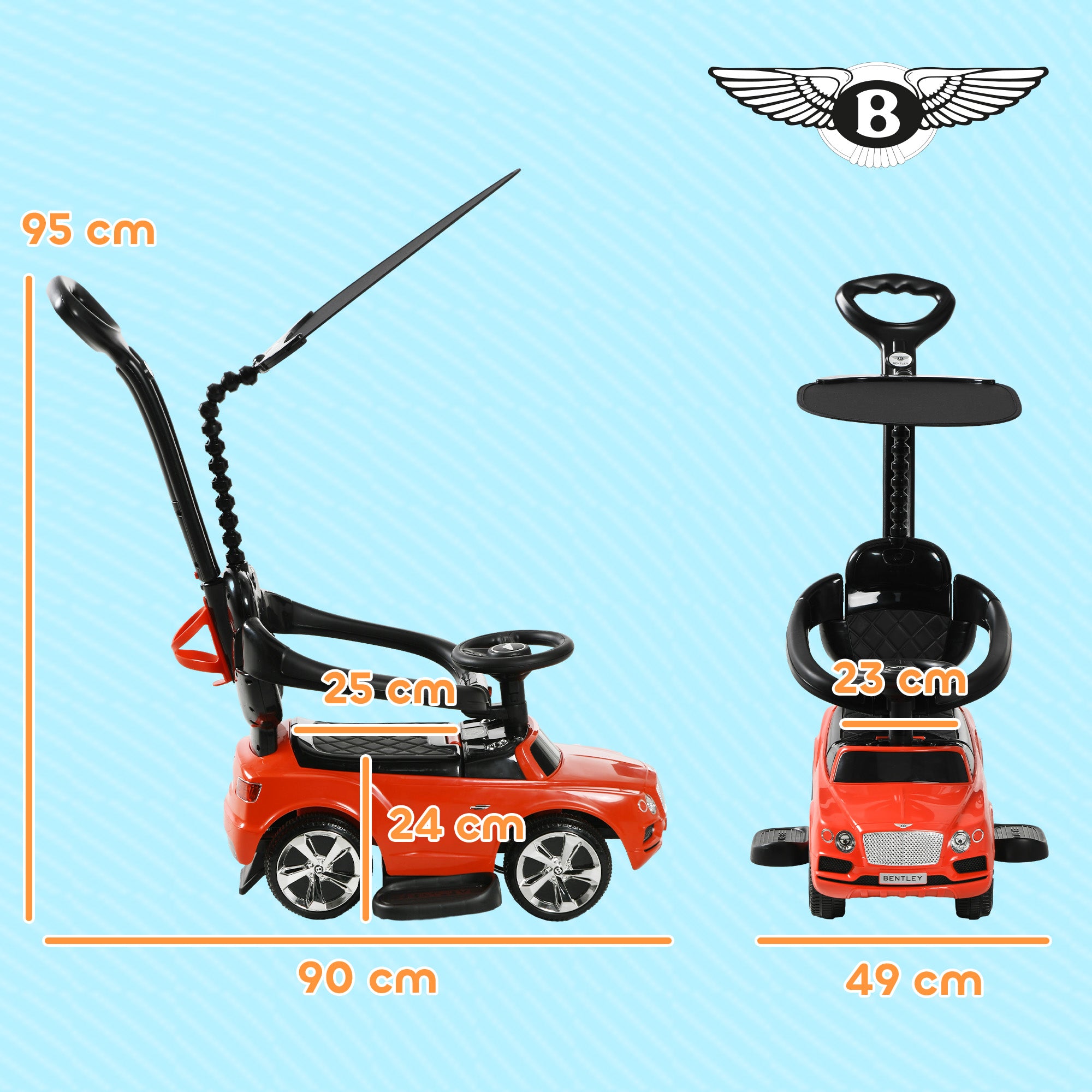 AIYAPLAY Bentley Bentayga Licensed 3-in-1 Baby Push Car, Ride on Car Sliding Car with Canopy, Horn Music - Red