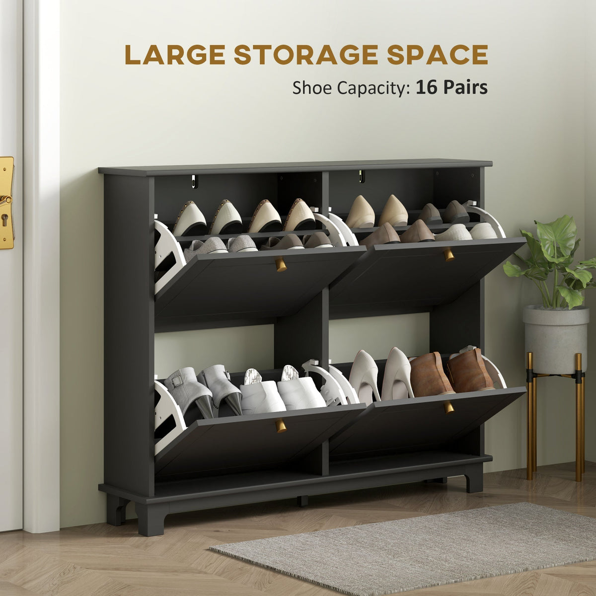 HOMCOM Narrow Shoe Storage Cabinet, Slim Shoe Cabinet with 4 Flip Drawers, Adjustable Shelves for 16 Pairs of Shoes, Black