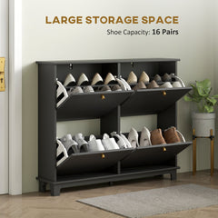 HOMCOM Narrow Shoe Storage Cabinet, Slim Shoe Cabinet with 4 Flip Drawers, Adjustable Shelves for 16 Pairs of Shoes, Black