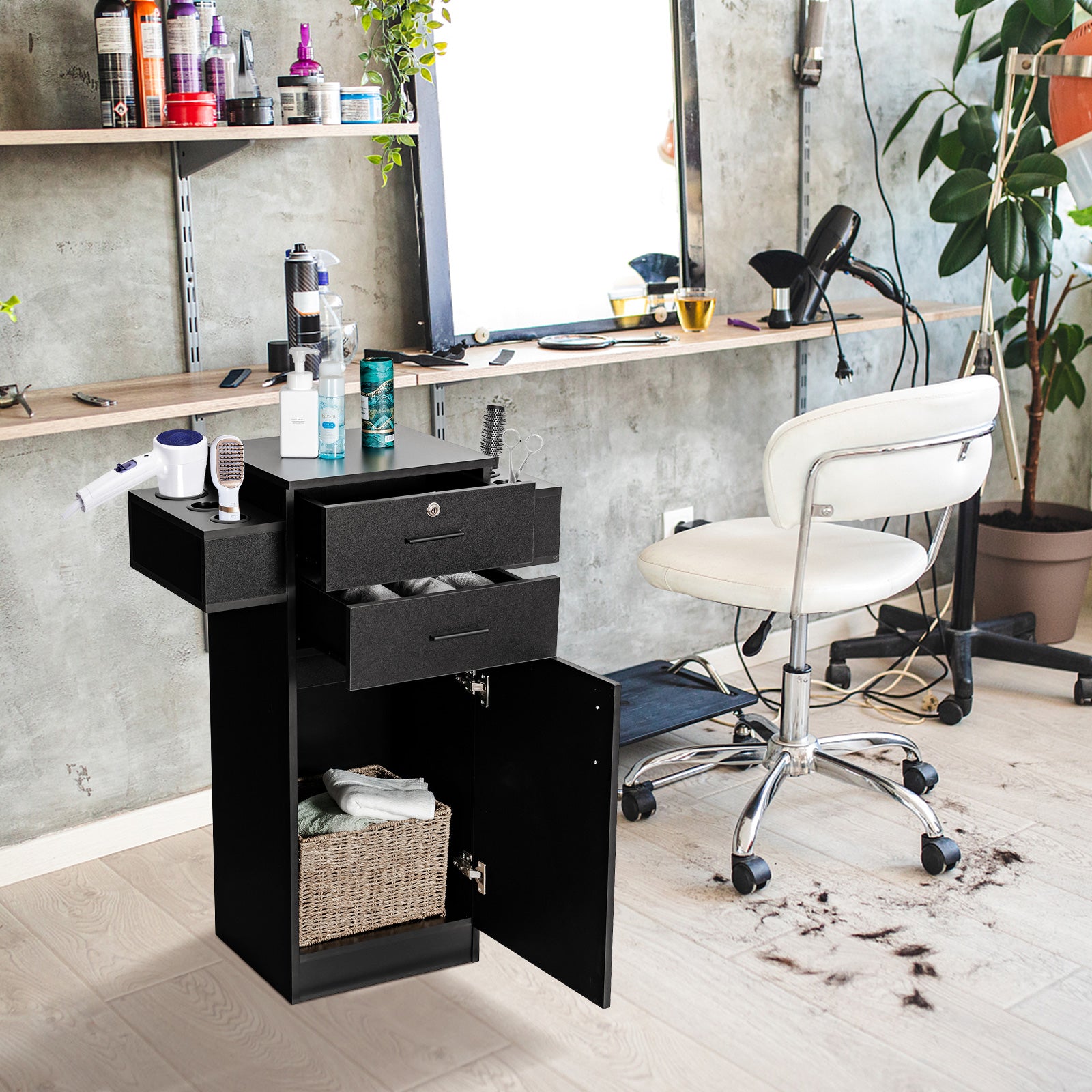 3-Tier Locking Salon Storage Cabinet with 2 Drawers and 6 Hair Dryer Holders-Black