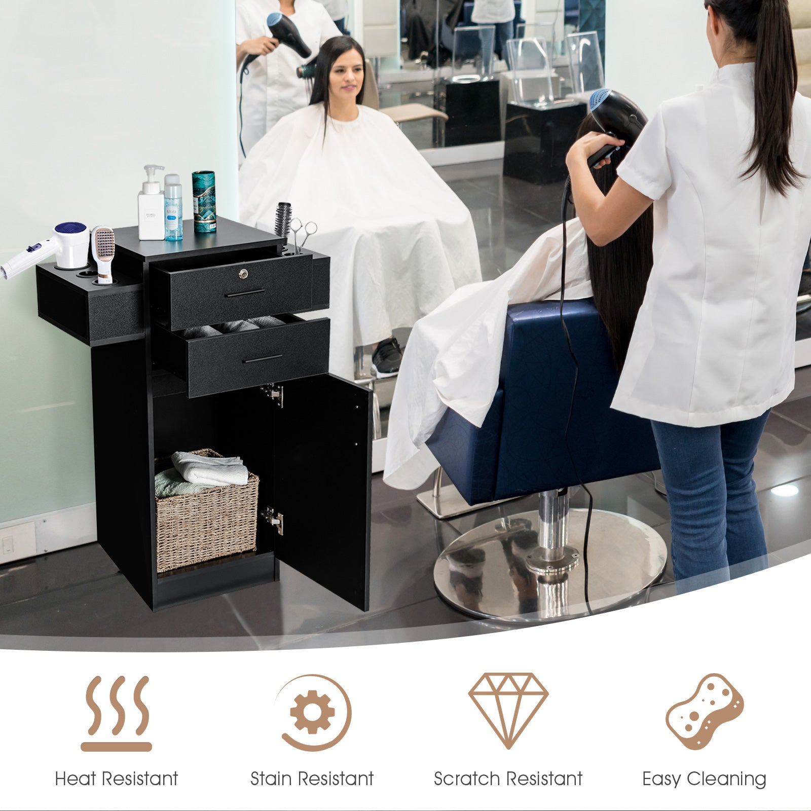 3-Tier Locking Salon Storage Cabinet with 2 Drawers and 6 Hair Dryer Holders-Black