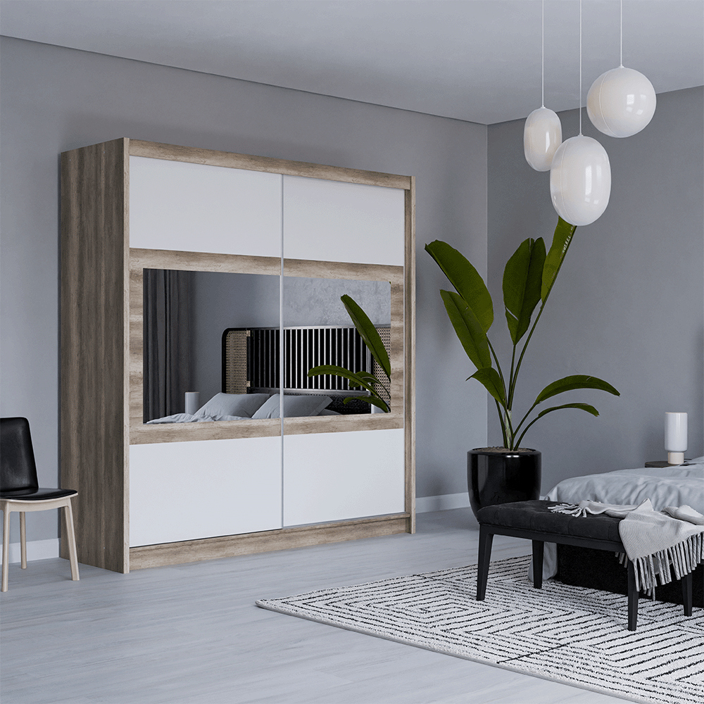 KINGSTON 203cm Sliding Door Wardrobe Oak Canyon + White + Mirror