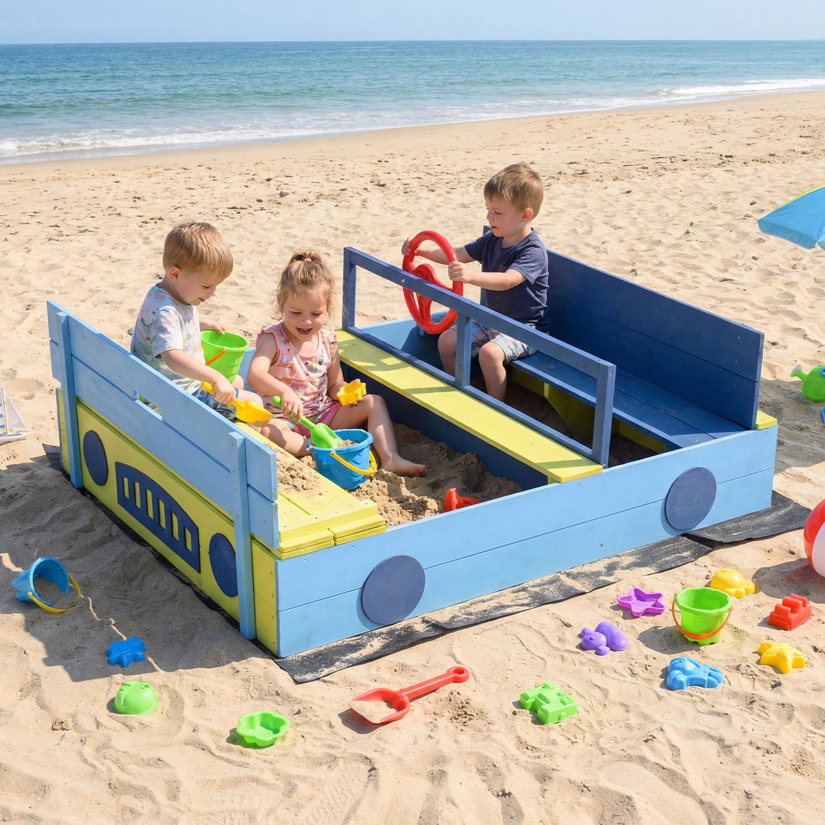 Sandpit Sandpit with Bench Folding Lid and Sandpit Liner Fir Wood Sandpit-Blue